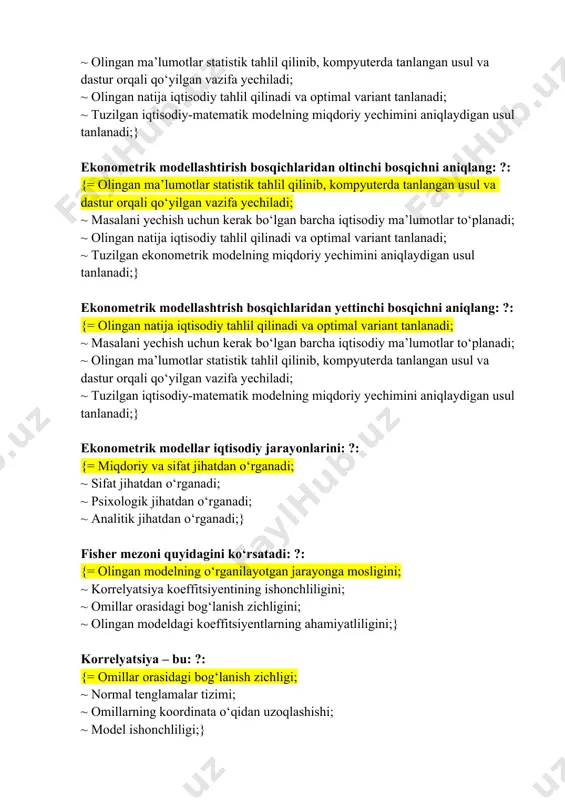 langan usul va dastur orqali qо‘yilgan vazifa yechiladi; ~ olingan natija iqtisodiy tahlil qilinadi va optimal variant tanlanadi; ~ tuzilgan iqtisodiy-matematik modelning miqdoriy yechimini aniqlaydigan usul tanlanadi;} ekonometrik modellashtirish bosqichlaridan oltinchi bosqichni aniqlang: ?: {= olingan ma’lumotlar statistik tahlil qilinib, kompyuterda tanlangan usul va dastur orqali qо‘yilgan vazifa yechiladi; ~ masalani yechish uchun kerak bо‘lgan barcha iqtisodiy ma’lumotlar tо‘planadi; ~ olingan natija iqtisodiy tahlil qilinadi va optimal variant tanlanadi; ~ tuzilgan ekonometrik modelning miqdoriy yechimini aniqlaydigan usul tanlanadi;} ekonometrik modellashtrish bosqichlaridan yettinchi bosqichni aniqlang: ?: {= olingan natija iqtisodiy tahlil qilinadi va optimal variant tanlanadi; ~ masalani yechish uchun kerak bо‘lgan barcha iqtisodiy ma’lumotlar tо‘planadi; ~ olingan ma’lumotlar statistik tahlil qilinib, kompyuterda tanlangan usul va dastur orqali qо‘yilgan vazifa yechiladi; ~ tuzilgan iqtisodiy-matematik modelning miqdoriy yechimini aniqlaydigan usul tanlanadi;} ekonometrik modellar iqtisodiy jarayonlarini: ?: {= miqdoriy va sifat jihatdan о‘rganadi; ~ sifat jihatdan о‘rganadi; ~ psixologik jihatdan о‘rganadi; ~ analitik …