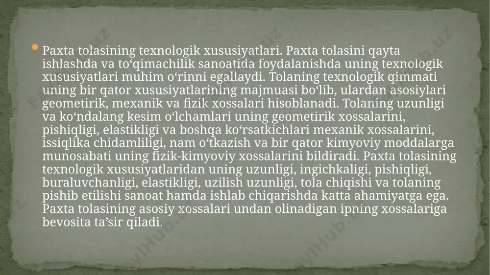 bati tolaning chiqishi deyiladi. bunda tolaning chiqishi uning massasiga va chigitning to‘qlgiga qarab o‘zgaradi. har bir chigitdagi tola miqdori g‘o‘zaning turiga va naviga qarab o‘zgaradi. shu bilan birga u tuproq va iqlim sharoitlariga hamda agrotexnik tadbirlarga ham bog‘liq. ekiladigan g‘o‘zalarning chigitli paxtasidan 20-50% gacha tola chiqadi. mamlakatimizda ekiladigan o‘rta tolali g‘o‘za navlarida tola chiqishi 32-40%, ingichka tolali g‘o‘zalarda 30-34% atrofida bo‘ladi. laboratoriyada chigitli paxtadan tola chiqishini paxtani 10 appali laboratoriya jinida tozalanib, so‘ngra tarozida tortilib topiladi. paxta ishlangandan keyin momiq va tolali chiqindilar hamda iflosliklarni alohida o‘lchab, ularning chiqish miqdori aniqlanadi. tolaning chiqishini aniqlovchi ko‘rsatkich sifatida chigitli paxtaning tolalik darajasi – tolalik indeksi xizmat qiladi. chigitli paxtaning tolalik darajasi (indeksi) deb, 100 dona chigit (tolasidan) ajratib olingach tolaning gramm hisobidagi massasiga aytiladi. chigitli paxta quritilib tozalangandan so‘ng paxta tozalash zavodining bosh korpusiga jinlash uchun jo‘natiladi. jinlash paxta tozalash zavodida paxtani dastlabki ishlash jarayonida asosiy bosqich hisoblanadi. jinlash deb-paxta tolasini chigitdan …