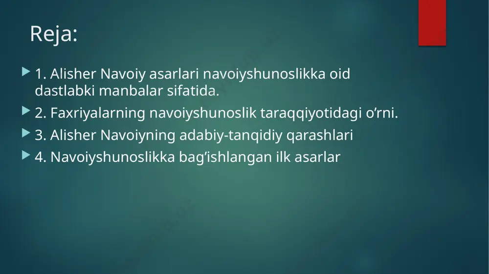ga mo‘ljallangan. muqaddimada mavlono jomiyning nasl-nasabi, tutgan yo‘li va hazrat navoiy u kishining xizmatiga kirganligi haqida gap boradi. birinchi maqolatda abdurahmon jomiy va alisher navoiy o‘rtasida bo‘lib o‘tgan suhbatlar hamda qiziqarli voqealar, ikkinchi maqolat mavlono jomiy va alisher navoiyning o‘zaro yozishgan xatlari, uchinchi maqolatda mavlono jomiyning yozgan asarlari, xotimada alisher navoiyning jomiy huzurida o‘qigan kitob, risolalari hamda mavlono jomiyning so‘nggi yillari to‘g‘risida ma’lumotlar berilgan. faxriya faxriya (maqtanish)-shoirning o’zi erishgan ijodiy muvaffaqiyatlardan faxr-iftixor tuyg’ularni izoh qilishi. faxriya ayrim manbalarda janr, boshqalarida esa she’riy san’at sifatida ta’riflanadi. agar faxriya turli janrdagi she’rlar ichida voqe bo’lishi mumkinligi e’tiborga olinsa, uni husni ibtido, husni matlab kabi ma’naviy san’atlar qatoriga qo’shish to’g’riroq bo’ladi. faxriyani oddiygina maqtanchoqlik deb tushunmaslik kerak, zero,uning yaxshi namunalarida faxr tuyg’usi sharqona odob doirasida ifodalanadi. odatda, shoir iftixori ustozlarga minnatdorlik hislari bilan qorishib ketadi, ulardan o’rganibgina yuksak natijalarga erishgani e’tirof etiladi. masalan., a.navoiyning: olibmen taxtu farmonimga oson cherik chekmay xitodin to xuroson,– …