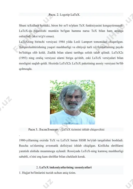 rga havolalar va o'zaro ma'lumotnomalarni joylashtirish, tire. 3. bibliografiya yaratish mexanizmi ishlab chiqilgan, bitta buyruq tarkibidagi jadvalni avtomatik ravishda yaratish. 4. latex alifbo indeksini tayyorlashni avtomatlashtiradi. 5. matematik, fizik, kimyoviy va biologik matnlarni matbaa sanoatida qabul qilingan standartlarni, shuningdek har qanday ilmiy hujjatlarni (shu jumladan gumanitar yo'nalishni) hisobga olgan holda tayyorlashning eng yuqori sifati. 6. kosmik ro'yxat va belgilangan hujjat turiga qarab, hujjat elementlarini "aqlli" joylashtirish va muvozanatlashtirishning avtomatik tizimi. 7. sahifada bir nechta vazirlarni aniqlashga imkon beradi va ularning har birida izohlarga ruxsat beriladi. 8. diagrammalar, grafikalar, sxemalar, algoritmlarni vektor shaklida kiritish uchun katta vositalar to'plami. 9. mumkin bo'lgan keng doiradagi hujjatlar: oddiy ishbilarmonlik xatlaridan tortib, yuqori sifatli bosma sifatli maqolalar, ma'ruzalar va kitoblar. 10. latex-ga egalik qilish har qanday sohadagi tadqiqotchining (ayniqsa, ta'lim sohasi xodimining) kasbiy malakasining ko'rsatkichidir. 11. bu bepul dasturiy ta'minot. кamchiliklar 1. faylni kompilyatsiya qilish ibtidoiy matn protsessorlariga qaraganda ancha muhim mashina resurslarini sarf qilishi …