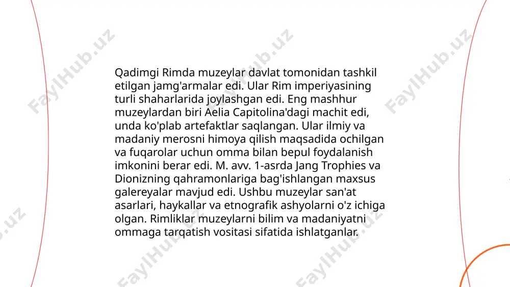 yetdi. ... t.me/slaydai_bot 13. eksponatlarning to'planishi va saqlanishi eksponatlarning to'planishi va saqlanishi muzeylarda juda muhim jarayondir. eksponatlar turli usullar bilan jamlanadi, jumladan arxeologik qazilmalar, sovg'alar yoki sotib olish orqali. jamlangan eksponatlar maxsus saqlash xonalarida yoki omborlarda saqlanadi. saqlashda har bir eksponatning materiali, yoshi va holati hisobga olinadi. ekspozitsiyalarni saqlashda ma'lum harorat va namlik darajasi, taxminan 18-22°c va 45-55% namlik, barqaror saqlanishi muhim. shuningdek, zararkunandalardan himoya qilish, ultrabinafsha nurlanishdan saqlanish va muntazam tekshiruvlar amalga oshiriladi. eksponatlarning samarali saqlanishi uchun malakali mutaxassislar jalb etiladi. ... t.me/slaydai_bot muzeylar ma’lumot va ma’rifat markazi sifatida milliy madaniyatni saqlash va targ‘ib qilishda katta rol o‘ynaydi. o‘zbekistonda 90 dan ortiq davlat muzeylari mavjud bo‘lib, ularda milliondan ortiq eksponatlar saqlanmoqda. har yili millionlab mehmonlar muzeylarni ziyorat qilishadi, bu bilim olish va madaniy merosni o‘rganish uchun katta imkoniyat yaratadi. muzeylar ko‘rgazma, taʼlimiy dasturlar va tadbirlar orqali jamoatchilikni jalb qilib, tarixiy va madaniy merosni avlodlarga yetkazishda yordam beradi. shu bilan …