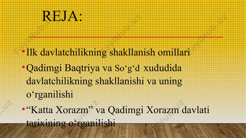 an. chorvadorlar chorvalari uchun keng yaylovlarni egallashga intilsalar, dehqonlar unumdor, suvga yaqin yerlarni egallashga intilganlar. xuddi shu jarayonda jamiyatda boshqaruv elementlari – davlatchilik elementlarining vujudga kela boshlangan. davlat boshqaruv tizimining shakllanishiga iqtisodiy va ijtimoiy omillar ta’sir ko‘rsatgan. birinchi navbatda xo‘jalikda sodir bo‘lgan mehnat taqsimotidir. dehqonchilikning chorvachilikdan ajralishi dehqonlar va chorvadorlar yashaydigan xududlarni belgiladi. ikkinchi mehnat tahsimoti davlat boshqaruvining markazi – shaharlarning shakllanishiga zamin yaratdi misr va mesopotomiyada mil.avv. iv ming yillikda shahar-davlatlar tarkib topgan. o‘rta osiyo xududida bronza davrida mil.avv. ii ming yillikda sun’iy sug‘orishga asoslangan dehqonchilik markazlarda voha-davlatlar shakllangan. buni ko‘pchilik tadqiqotchilar xududiy davlatlar tushunchasi bilan ham ishlatadilar. xorazm, toshkent, farg‘ona vodiysida ilk davlatlar ilk temir, ya’ni mil.avv. i ming yillikning birinchi choragida shakllangan. tarixdan ma’lumki, ilk shahar-davlatlar yirik daryolar bo‘ylarida shakllangan. jumladan, misr nil, mesopotomiyadagi ilk davlatlar dajla va frot daryolari bo‘ylarida, o‘rta osiyoda amudaryo, sirdaryo, hindistonda ganga, xitoyda xuanxe daryolari bo‘ylarida shakllagan chorvachilik bilan shug‘ullangan qabilalarda ilk …