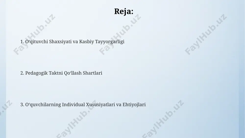 verbal va nonverbal aloqa vositalaridan samarali foydalanish malakasi bo‘lishi kerak. o‘qituvchining yuqori darajadagi empatiyasi (kamida 3 yillik tajriba bilan tasdiqlangan) va o'quvchilarning individual ehtiyojlarini tushunish qobiliyati pedagogik taktning muhim shartidir. konfliktlarni hal qilish strategiyalari muvaffaqiyatli konfliktni hal qilish uchun 70% tinglash va 30% gapirish nisbatini saqlash, empatiya va noverbal aloqa vositalaridan samarali foydalanish muhim ahamiyatga ega. pedagogik taktni qo‘llashda samarali konfliktlarni hal qilish strategiyasi sifatida 3 ta asosiy yondashuv: murosa, kompromiss va hamkorlikni qo‘llash muhim, bu esa 5 bosqichli muloqot jarayonini o‘z ichiga oladi. konfliktning murakkabligi va ishtirokchilar soniga (masalan, 2 yoki undan ortiq) qarab, hal qilish strategiyasi mos ravishda tanlanishi kerak, bunda har bir ishtirokchining ehtiyojlari hisobga olinadi. pedagogik taktni qo‘llashning asosiy shartlari pedagogik taktni qo‘llash uchun o‘quvchining yoshi, psixologik xususiyatlari va individual ehtiyojlarini 3 ta asosiy parametr sifatida hisobga olish zarur. o‘qituvchining o‘z-o‘zini boshqarish ko‘nikmalari va empatiya darajasi pedagogik taktning muvaffaqiyatli qo‘llanishi uchun muhim omillar hisoblanadi – taxminan …
