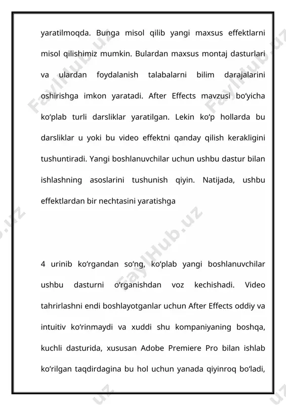 lashlar yoki baland ovozli sahnalar kabi filmlar tajribasini qo‘shadi. maxsus effektlar o‘z-o‘zidan filmning tasviriy tarkibida zamonaviy yondashuv belgilari hisoblanadi. masalan kompyuter animatsiyasi yordamida yaratilgan ko‘rinmas odam filmi. filmda shu vaqtgacha hech kim ko‘rmagan maxsus effektlardan foydalanilgani va eski effektlarni takrorlamaganliklarini ko‘rish mumkin. an’anaviy teatr effektlaridan tortib, tiklanishning “mashina o‘yinlarida” bo‘lgani kabi, yigirmanchi asrning boshlarida ixtiro qilingan klassik kino texnikasi orqali, masalan, havo tasvirini suratga olish va optik printerlar, zamonaviy kompyutergacha bo'lgan turli xil maxsus effektlar texnikasi mavjud. yaratilgan tasvirlar (cgi). istalgan effektga erishish uchun ko'pincha bitta sahnada yoki suratda bir nechta turli xil usullar qo‘llaniladi. maxsus effektlar an’anaviy ravishda ikki turga bo‘linadi: birinchi tur – bu optik effektlar (ularni vizual yoki fotografik effektlar deb ham atashadi), ular suratga olingan tasvirni boshqarishga asoslangan. optik effektlarni fotografik (ya’ni optik printer) yoki vizual (ya'ni cgi) texnologiyasi yordamida ishlab chiqarish mumkin. optik effektning yaxshi namunasi bu sahna bo’ladi yulduzli sayohat uss enterprise kosmosda uchayotgani …