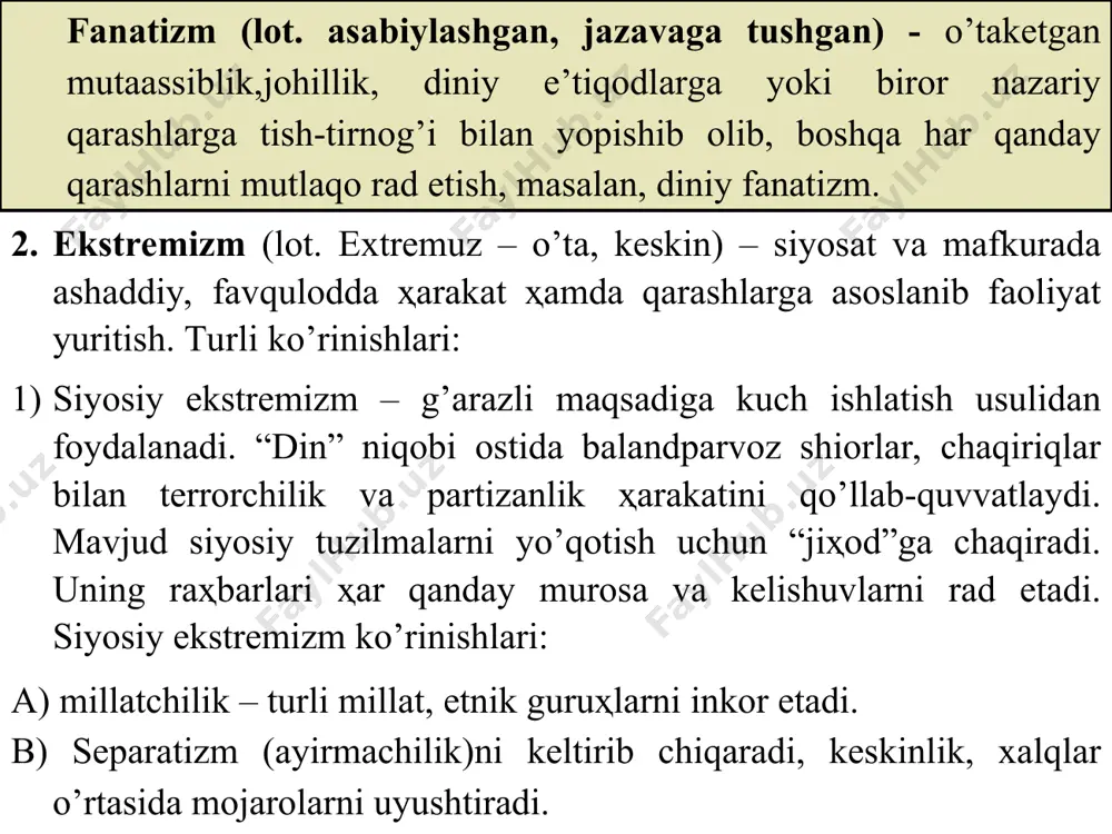 ikni buzish. asossiz da’vatlar orqali yoshlarni mutelik, erksizlik holiga tushirib qo’yish, aqliga va taqdiriga hukmron bo’lish. qarama-qarshilikni keltirib chiqarish, mamlakatni parchalab tashlash (separatizm). din uchun kurashuvchi jangarilarning yangi avlodini vujudga keltirish. musulmon va nomusulmon mamlakatlar orasida o’zbekiston obro’sini to’kish, obro’sizlantirish. 1. islom va boshqa sivilizatsiyalar o’rtasida ziddiyatlarni keltirib chiqarish. 2. omma ongida soxta tasavvurlarni qaror toptirish. 3. diniy radikal kuchlarning terroristik jinoiy harakatlari. 1991 yil 9 dekabrda namangan shahrida bir guruh qo’poruvchi kuchlar viloyat ijroiya qo’mitasini egallab, o’zbekistonni islom davlatiga aylantirishdagi da’volariyu 1990-1992 yillarda namangan viloyatida “otavali-xon” jome masjidida abdulla o’taev, tohir yo’ldoshevlar oqimlari: 1) hizb-ut tahrir. 2) akromiylar. 3) “nurchi”lar. 4) “tavbachi”lar. 5) islom lashkarlari. 6) “adolat” diniy uyushmasi va hakazo. 5. 2001 yil 11 sentyabrda aqshning nyu-york shahrida terrorchilik harakatlarida 3 ming kishi halok bo’ldi. 6. fashizm o’z maqsadlarini oshkora e’lon qilib, zo’rovonlik yo’li bilan singdiradi. “tеrrоrizm” tushunchаsi tеrrоr tushunchаsi bilаn bir хil mа’nоdа qo`llаngаn. аmmо аyrim hоllаrdа …