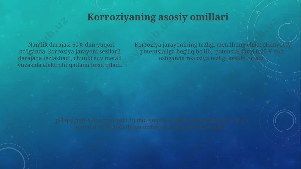 oziya jarayonini 10-25% gacha susaytiradi, lekin ularning samaradorligi ph ga bog'liq. korroziya tezligini o'lchash usullari elektroximiyaviy usullar, masalan, polarizatsiya qilish usuli yordamida korroziya oqimining zichligi aniqlanadi, bu esa korroziya tezligini hisoblash imkonini beradi, odatda mikroamper/sm² birligida o'lchanadi. korroziya mahsulotlarining qalinligini mikroskopik tekshiruv orqali o'lchash orqali, masalan, pasning qalinligi 10 mikrometrga yetganini aniqlash va keyin korroziya tezligini hisoblash mumkin, bu esa yillik korroziya darajasini aniqlashga yordam beradi. korroziya tezligini massaning o'zgarishi orqali aniqlash mumkin, bunda namuna korroziyadan oldin va keyin tortilib, massa yo'qotilishi hisoblanadi, bu esa mm/yil yoki mg/sm²·kun kabi birliklarda ifodalanadi. korroziyaga chidamli materiallar seramika materiallari, alyuminiy oksidi singari, yuqori haroratlarda va kislotali muhitlarda korroziyaga nisbatan juda yuqori chidamlilik bilan ajralib turadi va ularning ishlatish muddati 50 yildan ham oshadi. korroziyaga chidamlilik koeffitsiyenti 0,1 dan kam bo'lgan materiallar, masalan, 316l zanglamaydigan po'lat, dengiz suvida yuqori korroziya qarshiligiga ega va 10 yildan ortiq xizmat muddatiga ega bo'lishi mumkin. titan va uning …