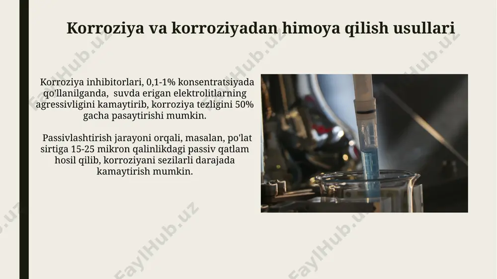 i yaratish bo'yicha faol izlanishlar amalga oshirilmoqda. elektroliz jarayonlarini 30% ga samaradorligini oshirish uchun yangi elektrod materiallari (masalan, grafen asosidagi kompozitlar) va elektrolitlarni ishlab chiqish bo'yicha tadqiqotlar olib borilmoqda. metallurgiyada elektrokimyoviy jarayonlar metallurgiya sanoatida 1 tonna ruxni elektroliz orqali olish uchun o'rtacha 3500 kvt/soat elektr energiyasi sarflanadi. elektroliz yordamida alyuminiy ishlab chiqarishda 95% dan ortiq elektr energiyasi sarflanadi, bu esa jarayonning yuqori energiya intensivligini ko'rsatadi. elektrokimyoviy ishlab chiqarish jarayonlarini optimallashtirish katod va anod orasidagi masofani 5 mm ga kamaytirish orqali, tok zichligini 30% ga oshirish va shu bilan elektrokimyoviy jarayon tezligini sezilarli darajada yaxshilash mumkin. kimyoviy reaksiyalar samaradorligini 20% ga oshirish maqsadida, elektrolit tarkibini va uning temperatura parametrlarini aniq boshqarish muhim ahamiyat kasb etadi. e'tiboringiz uchun rahmat @taqdimot_robot image1.jpg image2.jpg image3.jpg image4.jpg image5.jpg image6.jpg image7.jpg image8.jpg image9.jpg image10.jpg image11.jpg image12.jpg image13.jpg image14.jpg image15.jpg image16.jpg image17.jpg