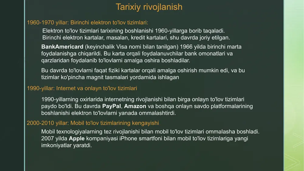 avjud mablag'lar bilan ishlaydi. prepaid kartalar: foydalanuvchilar oldindan pul mablag'lari yuklangan kartalarni ishlatishadi. bu kartalar ko'pincha chet elda onlayn xaridlar yoki sovg'a sifatida ishlatiladi. b) onlayn to'lov tizimlari paypal: dunyo bo'ylab keng tarqalgan onlayn to'lov tizimi bo'lib, foydalanuvchilar to'lovlarni amalga oshirish va olish, shuningdek, bank kartalari yoki hisoblardan pul o'tkazmalarini yuborish imkoniyatiga ega. stripe: internet do'konlari va xizmatlar uchun ishlatiladigan to'lov platformasi. stripe yordamida onlayn to'lovlarni tez va xavfsiz amalga oshirish mumkin. transferwise (wise): xalqaro pul o'tkazmalari uchun mo'ljallangan tizim bo'lib, foydalanuvchilar arzon va tezkor pul o'tkazmalarini amalga oshirishlari mumkin. c) mobil to'lov tizimlari apple pay: iphone, ipad va apple watch kabi qurilmalarda ishlaydigan mobil to'lov tizimi. nfc (near field communication) texnologiyasi yordamida foydalanuvchilar o'z qurilmalari orqali to'lovlarni amalga oshiradilar. google pay: android telefonlarida ishlaydigan mobil to'lov tizimi bo'lib, foydalanuvchilar nfc yordamida to'lovlarni amalga oshiradilar. samsung pay: samsung qurilmalari uchun mo'ljallangan mobil to'lov tizimi bo'lib, bu tizimning o'ziga xosligi, nfc …
