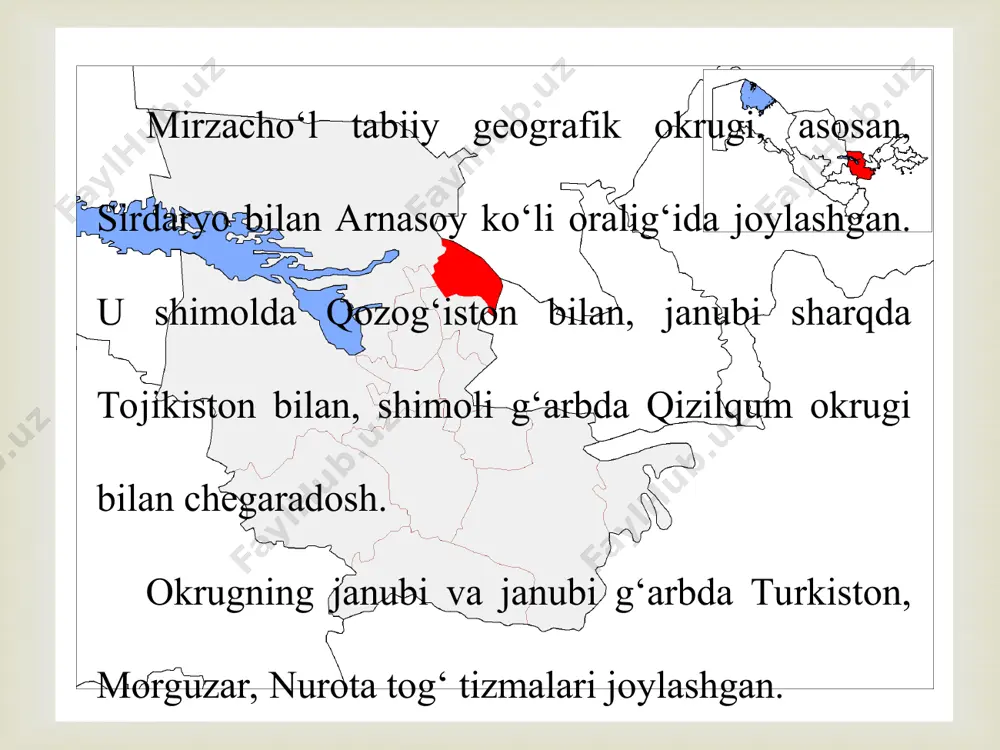 ‘i deb atashadi. qo‘ytosh tog‘i etagida pistalitog‘, uning janubi sharqida baliqlitog‘ joylashib, eng baland yerlari 500—580 m atrofida o‘zgarib, soylar bilan parchalangan (38- rasm). mirzacho'l tabbiy okrugi turkiston-nurota tog‘lari asta-sekin pasayib, mirzacho‘l tekisligiga tutashib ketadi. mirzacho‘l tekisligining yuzasi pastbalandliklardan iborat bo‘lib, markaziy qismida sirdaryoning qadimiy o‘zanlarida yettisoy, sardoba, qorasuv, yog‘ochota, sho‘ro‘zak kabi botiqlar joylashib, arnasoy tomon pasayib boradi. bu o‘zansimon botiqlar orasida boyovut, mirzaobod, mirzacho‘l, yerijar kabi balandliklar (tepachalar) joylashgan. mirzacho‘l tekisligining shimoli sharqida sirdaryoning uchta terrasasi joylashib, bir-biridan 2—3 m balandlikda turadi. foydali qazilmalar ko‘p emas. asosiy qazilma boyligi marmar, asbest, ohaktosh, polimetall rudasi, tuzlar va boshqalar.