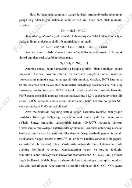 oltingugurtli birikmalar qaytmas (qayta tiklanmaydigan) zaharlaydi. ammiak sintezi bir necha bosqich bo’yicha sodir bo’ladigan geterogen-katalitik jarayondir: 1) gaz hajmidan katalizator bo’laklari sirtiga va uning ichki qismiga azot va vodorodningdiffuziyasi; 2) katalizator sirtiga gazlarning faollangan (kimyoviy) absorbtsiyasi: 3) katalizator sirtida azot va vodorodning ta’sirlashishi; 4) ammiak desorbtsiyasi va uning ichki hajmidan gaz fazasi hajmiga diffuziyasi. zamonaviy tasavvurlarga ko’ra, temir katalizatorida barcha jarayon tezligini belgilab beradigan bosqich azotning faollangan absorbtsiyasi hisoblanadi. ammiak sintezi jarayonining tezligi haroratga, bosimga, hajmiy tezlikka, gaz fazasidagi azot, vodorod va ammiak kontsentratsiyasiga, inert qo’shimchalar (ar va ch4)ga hamda katalitik zaharlarga bog’liqdir. ammiak sintezi agregatining unumdorligi quyidagi formula bo’yicha hisoblanadi: bu yerda: g – sintez minorasi unumdorligi, kg/soat; 𝛚 – hajmiy tezlik, soat– 1; c1, c2 – minoraga kirish va chiqishda gazdagi ammiak miqdori, kg/m3; v – katalizator hajmi, m3. s1 kattalik ammiak kondensatsiyasi harorati bilan aniqlanadi (6- rasm). s2 kattalik harorat, bosim, hajmiy tezlik va azot-vodorod aralashmasi tarkibiga …