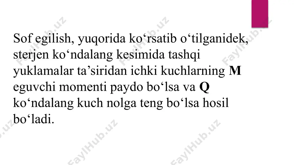 ko‘ndalang kuch q ham hosil bo‘ladi. bu q kuch sterjen ko‘ndalang kesimlarida urinma kuchlanish «» hosil bo‘lishiga sabab bo‘lad o‘z navbatida «» urinma kuchlanishlari burchak deformatsiyalarini hosil qilish barobarida egiluvchi sterjen to‘rida o‘tkazilgan ko‘ndalang chiziqlarni qiyshayishiga olib keladi (8.16-rasm), ya’ni ko‘ndalang egilishda tekis kesimlar gipotezasi bajarilmaydi. ammo, o‘tkazilgan tadqiqotlar shuni ko‘rsatadiki, q kuchning sterjen uzunligi bo‘yicha o‘zgarmas qiymatida ko‘ndalang kesimlar shaklining o‘zgarishi normal kuchlanishlarga ta’sir etmaydi hamda q kuchining o‘zgaruvchi qiymatlarida esa ta’siri juda kichik image1.jpeg image2.jpeg image3.jpeg image4.jpeg image5.jpeg image6.png image7.jpeg