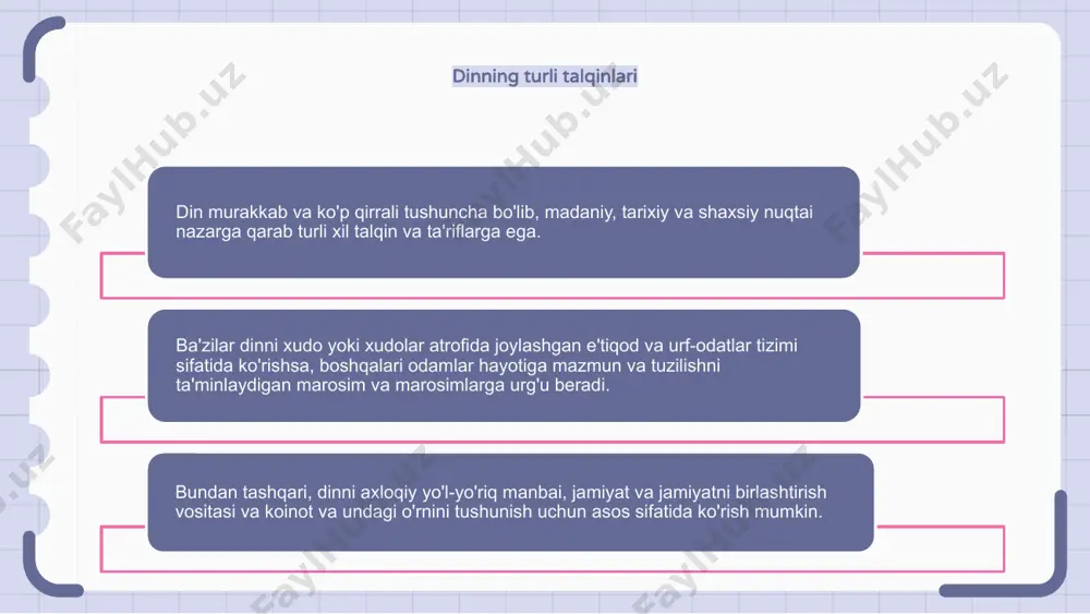 diqqat kabi turli yo'llar bilan qo'llash mumkin. diniy bag'rikenglik va birgalikda yashash diniy bag'rikenglik va birgalikda yashash din tushunchasining muhim jihatlaridir. diniy bag'rikenglik turli diniy e'tiqod va amaliyotlarni qabul qilish va hurmat qilishni anglatadi. birgalikda yashash turli diniy kelib chiqishi bo'lgan shaxslar bilan uyg'un yashashni o'z ichiga oladi. din va axloq: munosabatlarni tekshirish din va axloq bir-biri bilan chambarchas bog'langan va murakkab munosabatlarga ega. ba'zilar din axloqiy qadriyatlarga asos bo'lib, odamlarning axloqiy xatti-harakatlariga rahbarlik qiladi, deb ta'kidlaydilar. boshqalar esa, axloq dindan mustaqil ravishda mavjud bo'lishi mumkin va inson aqli va empatiyasiga asoslanadi, deb hisoblashadi. turli diniy an'analarda xudo tushunchasi turli diniy an'analarda xudo tushunchasi juda farq qiladi. ba'zi dinlarda yagona, qudratli xudoga ishonish mavjud. boshqalarida bir nechta xudolar yoki tabiat ruhlariga e'tibor qaratilishi mumkin. din va axloq: aloqani o'rganish din va axloq bir-biri bilan chambarchas bog'liq bo'lib, din ko'pincha axloqiy qadriyatlar va axloqiy tamoyillar uchun asos yaratadi. din insonning nima …