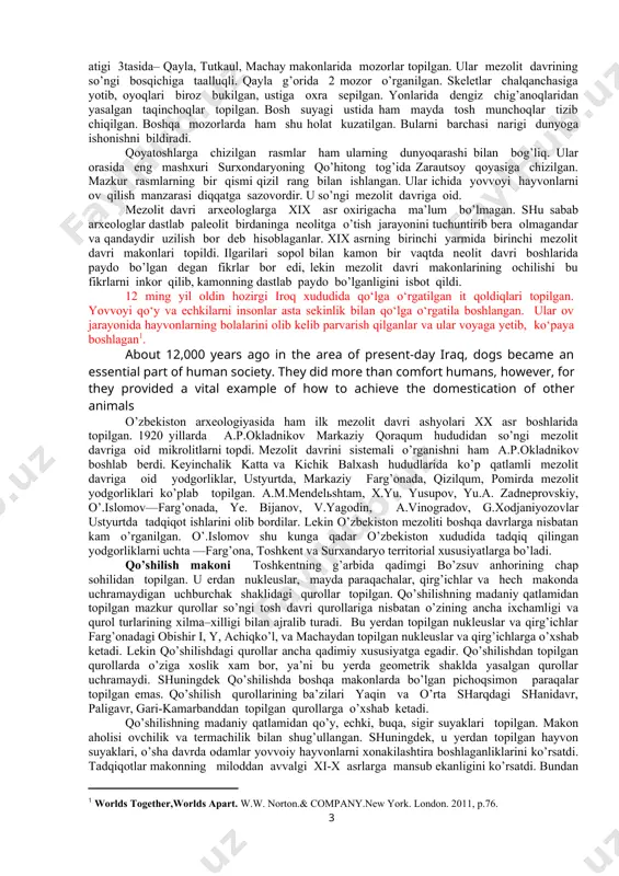 i madaniyatga tegishli ekanligi aniqlanadi. tosh davri yodgorliklari topilmalari asosan tosh paraqalardan tashkil topganligi uchun ham, ularning klassifikatsiyasi ishlab chiqilgan. bu uslub topilmaning qaysi kategoriyaga mansubligini va ularning statistik jihatdan protsentlarini aniqlashda ancha qulayliklar tug’diradi. paraqalarni aniqlashda ularning eni, uzunligi va qalinligi hisobga olinadi va “paraqa”, “paraqacha”, “mikroparaqa” terminlari bilan ishlatiladi. paraqa deb uzunligi 5 sm va undan yuqori bo’lgan, qalinligi 0,5 –1 smgacha, eni 1,4 sm tashkil qilgan tosh bo’lagiga aytiladi. paraqacha esa, eni 1,4gacha bo’lgan va qalinligi 0,5 smdan oshmagan toshlarga aytiladi. mikroparaqalar esa, eni 0,7 smdan kam bo’lmagan va qalinligi 0,2 smdan oshmagan tosh bo’laklariga aytiladi. o’zbekiston mezoliti yodgorliklarida prizma, konus, pona shakllaridagi nukleuslar xosdir. tosh paraqalari esa, asosan, bir tomonlama kertma tarzda o’tkirlangan. qirg’ich qurollari deyarli tosh uchrindilardan va parchalaridan ishlangan. shuningdek, tog’li xududlarda nukleuslar uchun g’amlangan toshlar ko’pincha, chaqmoqtoshlar emas, balki daryo qayroqtoshlari bo’lgan. o’rta osiyo mezoliti industriyasini kuzatish asosida olimlarimiz ulardagi rivojlanish tomonlarini ko’rsata …