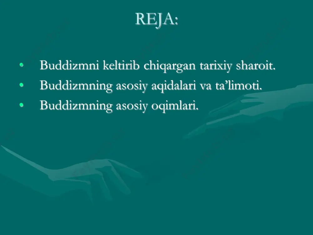 ddizm ta’limoti. buddizm qadimiy hind diniy-falsafiy ta’limotlari asosida vujudga kelgan, o’ziga xos nazariyot va amaliyotdan iborat bo’lgan diniy tizimdir. budda yangi diniy qonun-qoidalar, rasm-rusumlar ishlab chiqmagan, balki har bir inson tug’ilish va o’lim mashaqqatlaridan qutilishi uchun amal qilishi lozim bo’lgan bir necha ko’rsatmalarni ishlab chiqdi, xolos. uning ta’limoti insonning xayolida, ishlarida va o’zini tutishida samimiy oliyjanoblik g’oyasini ilgari suradi. u vedalardagi gunohsizlik ta’limotini inkor qildi, hayvonlarni vahshiyona qurbon qilishni qoraladi, varna (kasta) tizimini va undagi ruhoniylarning boshqalardan ustunligini inkor qildi. 1. axloq normalari – «pancha shila» (buddaning besh nasihati):qotillikdan saqlanish; o’g’rilikdan saqlanish; gumrohlikdan saqlanish; yolg’on, qalbaki narsalardan saqlanish; mast qiluvchi narsalardan saqlanish. insoniyatni qiyinchilik va azobdan qutqarish yo`llarini izlash uchun saroyni tashlab ketadi. u beshta rohib bilan qishloqma- qishloq kezib yuradi. shu asnoda siddxartxa bir narsaga amin bo`ldi: bu yo`l uni o`z oldiga qo`ygan maqsad, ya`ni insoniyatni azob-uqubatdan qutqarish sari olib bormaydi va u rohiblar jamoasidan ajraladi. siddxartxaning hayot falsafasi …