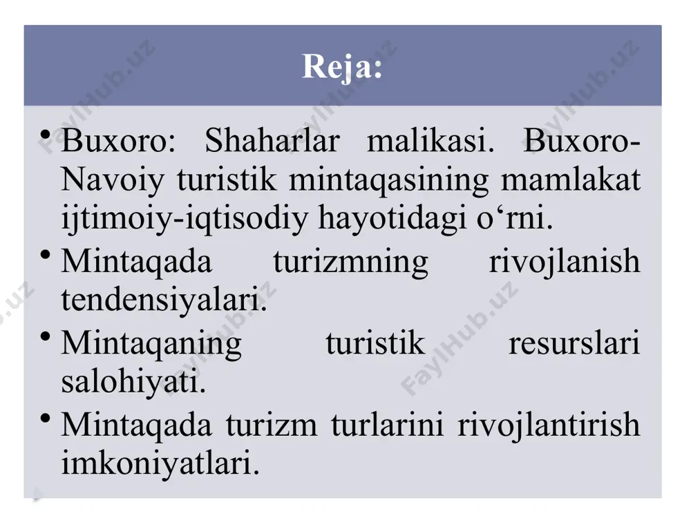 i ismoil samoniy maqbarasi bo’lib hisoblanadi. u shu kunga qadar juda yaxshi saqlanib, bizga yetib kelgan tarixiy obidalardan biridir. bu bino o’rta asrning ilk davri me’morchiligining eng yaxshi yutuqlarini o’zida mujassamlashtirgan inshoatdir. shaharda bir qator turistik obyektlar borki, ular qatoriga madorixon madrasasi (1566-1567 yillar), abdullaxon madrasasi (1588-1590), xo’ja zayniddin xonaqasi (shayx zayniddin qabri), chashma ayub mavzoleyi (1330-1385 yillar), abdulazizxon madrasasi (1652 yil), chor minor madrasasi (1807 yil), kulba ko’kaldosh madrasasi (1568-1569 yillar), nodir devonbegi madrasasi (1622 yil), sayfiddin buxarzi mavzoleyi (xv-xvi asrlar), buyon kulixon mavzoleyi (1358 yil), magohi attoriy masjidi (xii asr), toki zargaron zargarlik bozori rastlari (xvi asr), toki telpak furushon bosh kiyim (do’ppi) bozori (xvi asr), toki sarrafon mayda-chuydalar (attorlik) bozori (xvi asr), magoki – attaron masjidi (xii asr), labi havuz ansambli (xvi-xvii asrlar), ko’kaldosh madrassasi (1622 yil) ni kiritish mumkin. shu manzilgohlardan biri buxoro xonining yozgi qarorgohi sitorai moxi-xosadir. bu qarorgoh buxoro shahrining shimoliy-sharqiy qismida 4 km …