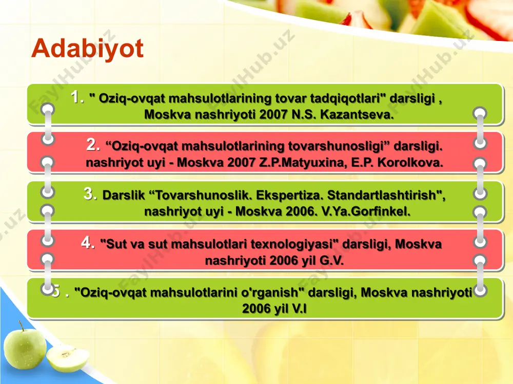 shlatiladi. tayyorlangan karamni eni 5 mm bo‘laklarga bo‘lib yoki 12 mm dan katta bo‘lmagan bo‘laklarga bo‘lib maydalab, doshniklarga solib, har bir qavatiga tuz sepiladi, sabzi, olma, lingonberry, zira, dafna yaprog‘i qo‘shiladi (mevasiga qarab). retsept). hammayoqni siqiladi va ustiga og'irlik qo'yiladi. 16-18c haroratda fermentatsiya jarayoni 12 kun davom etadi. hammayoqda kamida 0,7% sut kislotasi to'planganda, fermentatsiya tugallangan hisoblanadi. tayyorlash usuliga ko'ra , karam maydalangan, tug'ralgan, butun karam, tug'ralgan yoki maydalangan karamga bo'linadi. sifatiga ko'ra , tuzlangan karam maydalangan, tug'ralgan, butun karam, tug'ralgan yoki maydalangan karamga bo'linadi. sifatiga ko'ra tuzlangan karam 1 va 2 navlarga bo'linadi. 1-navdagi tuzlangan karam katta barglari va dag'al dum zarralarisiz bir tekisda kesilgan yoki maydalangan bo'lishi kerak, rangi somon-sariq, ziravorlar bir tekis taqsimlangan, ta'mi o'ziga xos hidli nordon-sho'r, konsistensiyasi elastik, tiniq va zich, sho'r suv bulutli. ikkinchi sinfda katta barglarga ruxsat beriladi, kamroq zich, ammo tiniq tuzilishga, ko'proq nordon yoki sho'r ta'mga va barglarga yashil rangga ega. …