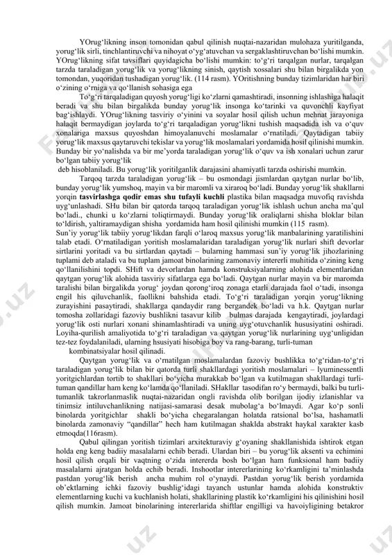 bilan bo‘yaladigan sirtlarning yuzasini topish kerak. rangshunoslik kurslarida rangli dissonans tushunchasi o‘rganiladi, unda yuqorida ta’kidlangan qonuniyatlardan sezilarli darajada og‘adigan uyg‘unliklar to‘g‘risidagi tushunchalar beriladi. murakkab rangli kompozitsiyalarda ular uyg‘unashuvini kontrastlik asosida belgilash mumkin va tasvirlarning emotsional ta’sir o‘tkazuvchanligini oshirish vositasi sifatida ifoda etiladi. rang – interer qiyofasini shakllantirishda uning obrazli tavsiflarni yakunlashda eng muhim elementlardan biri bulib hisoblanadi, juda xam yorqin yoki mos kelmagan rang dissonansni hosil qilishi mumkin, yagonalik va butunlikning buzilishiga olib keladi. rangning bo‘lmasligi beparvolik, atrofga bo‘lgan befarqlikni vujudga keltiradi. odatdagi kulrang tonning tabiiy materiallar bilan uyg‘unlashuvi mayin rangli gammani yaratadi va intererda etakchi bo‘lgan daraxt, tabiiy tosh yoki jihozning rangi uchun fon bo‘lib ifoda etiladi. boshqa tomondan, quyuq yorqin tonlar yordamida katta ta’sir o‘tkazish kuchiga ega bo‘lgan rangli munosabatlarni yaratish mumkin. oliy majlis saroyidagi majlislar zoli amfiteatrining qizil rangi oltin rangli daraxt bilan uyg‘unlikda ajoyib tantanavorlikni yaratishda hal qiluvchi rolni o‘ynaydi. teatr foyelaridagi oq marmar ham ancha …