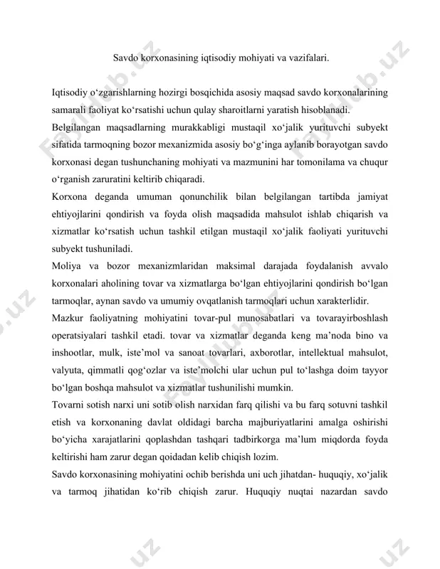 idadan kelib chiqish lozim. savdo korxonasining mohiyatini ochib berishda uni uch jihatdan- huquqiy, xo‘jalik va tarmoq jihatidan ko‘rib chiqish zarur. huquqiy nuqtai nazardan savdo korxonasini huquqiy shaxs sifatida ko‘rib chiqish lozim. savdo korxonasining rasmiylashtirishning qonunchilik ahamiyati shundan iboratki, u: belgilangan tarzda korxona ishtirokchilari (ta’sischilari) o‘rtasida o‘zaro ichki munosabatlarni tashkil etish va tartibga solish hamda har bir ishtirokchining manfaatlarini umumiy maqsad yo‘lida birlashtirishga imkon beradi ; kapitallarni uzoq muddatga birlashtirishning optimal shakli hisoblanadi; muayyan korxona kapitaliga kiritilgan mablag‘ hajmida ishtirokchilarning mulkiy riskini cheklab qo‘yishga imkon beradi; kapitalni boshqarishda egiluvchanlikka asos yaratadi. savdo korxonasining tijorat-tadbirkorlik faoliyati 1-rasm. savdo korxonasining tarkibi savdo korxonasining huquqiy shaxs deb tan olinishiga xizmat qiluvchi to‘rtta asosiy belgini ko‘rsatish mumkin: tashkiliy birlik, mulkning alohidaligi, mustaqil fuqarolik-huquqiy javobgarlik, fuqaroilk va huquqiy ishlarda o‘z nomidan ishtirok etish. huquqiy shaxs bu davlat tomonidan huquqiy subyekt sifatida tan olingan tashkilot bo‘lib, alohida mulkka egalik qiladi, o‘z mulki bilan majburiyatlari bo‘yicha mustaqil javob …