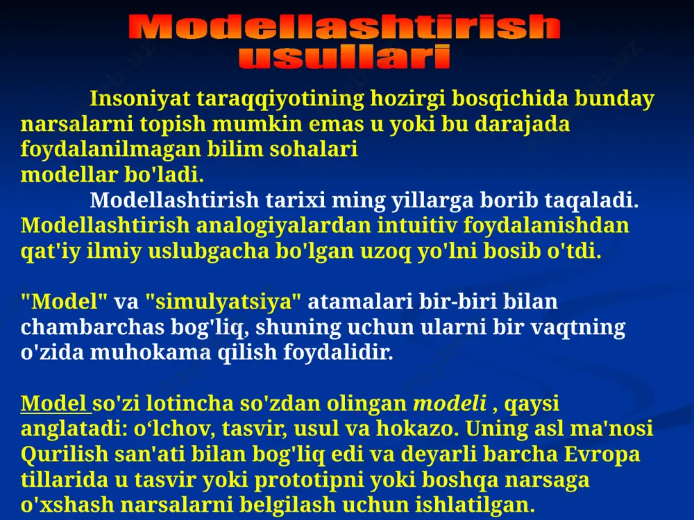 gan masala bo'yicha hujjatlarni tuzish, matematik model, algoritm, dastur, testlar to'plami, foydalanish. nazorat savollari model nima? ob'ekt modellari nima uchun yaratilgan? yoki hodisalarmi? 3. modellarning qanday turlarini o‘rgandingiz? misollar keltiring. 4. ob'ekt bir nechta modelga ega bo'lishi mumkinmi? 5. turli ob'ektlarni bittasi bilan tasvirlash mumkinmi? va bir xil modelmi? 6. axborot modeli nima uchun kerak? 7. nima uchun axborot modelining jadvalli turiga ko'proq afzallik beriladi? e’tiboringiz uchun raxmat image1.gif image2.gif image3.jpeg image4.wmf image5.wmf image6.emf oleobject1.bin image7.wmf image8.png image9.gif
