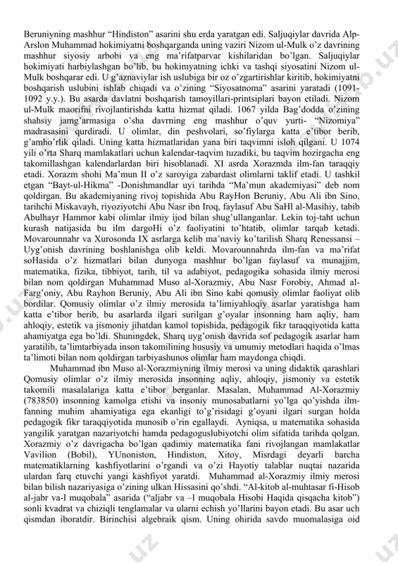 ndi, yangilari qurildi, pahta, zig’ir, kanop ekilib, ularning tolasidan mato to’qildi. movarounnahrda, hususan, xorazm, urganch, farg’ona, samarqand va buxoro to’qimachilik mahsulotlari, ayniqsa samarqand va buxoro shoyisi dunyoga mashhur bo’lgan. qishloq ho’jaligi va hunarmandchilik, sanoat mahsulotlariningishlab chiqarilishi savdoning rivojlanishiga yo’l ochdi. natijada yaqin va o’rta sharq mamlakatlarining chet davlatlar: ispaniya, hindiston, xitoy, vizantiya bilan savdo ishlari ko’lami ortib bordi. pireney yarim orolining arablar tomonidan bosib olinishi insoniyat tarihining yangi sahifalarini ochib berdi. bu jarayonning, ayniqsa, ovro’pa uchun ahamiyati beqiyos bo’ldi. sharq faqatgina ovro’po madaniyatining rivojiga ta’sir etibgina qolmay, balki umuman, ovro’polik odamning psihologiyasi, tafakkuri, harakteri, hayot tarzini tarihiy jarayonni tubdan o’zgartirib yubordi. bu esa o’z navbatida matematika, falsafa, astronomiya, tabiiyot, tibbiyot, hulq-odob, turmush tarzi, ijtimoiy-iqtisodiy hayotiga ta’sir etdi. x asrdan boshlab movarounnahr va xurosonda mustaqil feodal davlatlar– tohiriylar, somoniylar, qorahoniylar, g’aznaviylar, saljuqiylar, xorazmshohlar davlatlarining paydo bo’lishida xalifalikning emirilishi ham madaniy hayotning yanada ravnaq topishiga olib keldi. bu davrda pul muomalasi rivojlandi. …