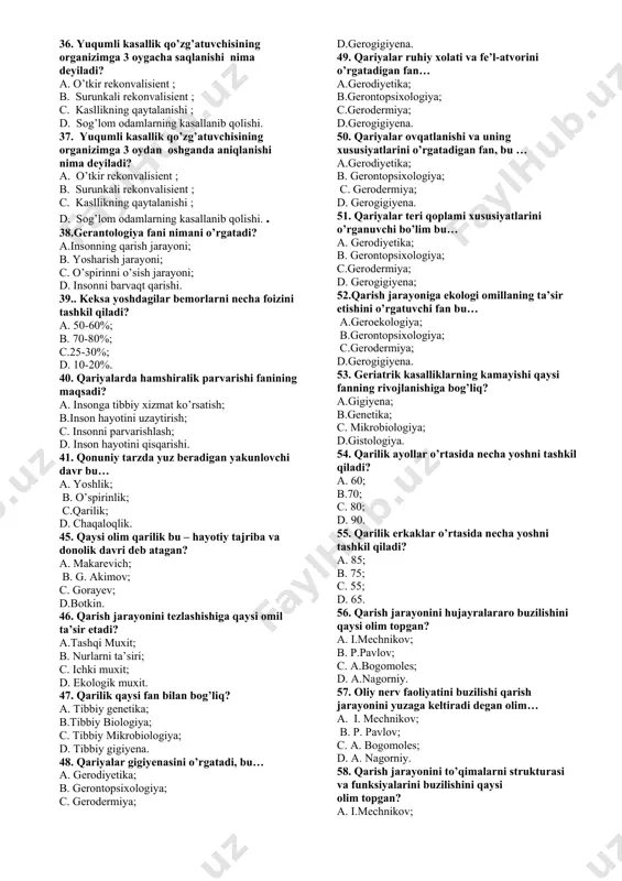 ini o’rgatish. 22. auskultatsiya bu… a. urib ko’rish; b. eshitib ko’rish; c. paypaslab ko’rish; d. ko’zdan kechirish. 23.palpatsiya qanday turlarga bo’linadi? a. ichki va tashqi; b. orqa va oldingi; c. yengil va og’ir; d. yuza va chuqur; 24. subyektiv tekshirish usullari nechta? a. 3 ta; b. 4 ta; c. 5 ta; 6 ta. 25 . mikroorganizim va organizm orasida yuz beradigan munosabatlar quyidagilarga bog’liq: a. mikroorganizim xususiyati, organizim hollati, ijtimoiy omil, tashqi muhit omilli; b. organizim hollati, ijtimoiy omil; c. organizim hollati, ijtimoiy omil, bemor yoshiga; d. faslga, jinsiga bog`liq. 26. monifest infeksiyalar deb nimaga aytiladi ? a. kasallik belgilari aniq bo’lib, klassik ko’rinishga ega bo’lgan; b. kasallik belgilari har xil bo’lib, qo`zg`tuvchisi bir hil; c. kasallik belgilari aniqlanmaydi; d. kasallikdan so`ng immunitet hosil bo`lishi. 27. infeksianing qanday turlari mavjud ? a. surunkali va tipik; b. resedivli kechishi; c. aralash , tipik va atipik, o’tkir va surunkali ; d. o’tkir …
