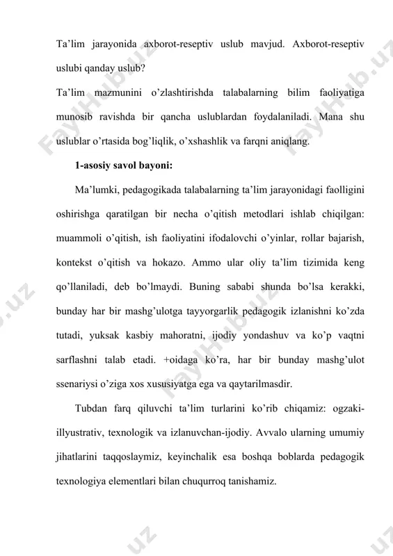 pedagogik texnologiya elementlari bilan chuqurroq tanishamiz. har qanday jarayon-harakatdir, moddiy dunyodagi narsalar yoki hodisalarning asta-sekin o’zgarishidir. o’qitish jarayoni ham yosh avlodda aqliy kuchlarni rivojlantirishga va axloqiy sifatlarni shakllantirishga qaratilgan harakatdir. o’qitish jarayoni o’qituvchining va u rahbarlik qiladigan o’quvchilarning - ularda aqliy qobiliyatlarni o’stirish, dialektik dunyoqarash asoslarini tarkib toptirish va hayotga tayyogarlikni amalga oshirish maqsadida bilim, ko’nikma, malakalar tizimini ongli hamda puxta o’zlashtirishga qaratilgan ilmiy asosdagi ishlarning majmuasidir. o’qitish jarayoni bilish nazariyasi asosida tarkib topadi. hozirgi ilg’or pedagogika inson shaxsini maqsadga muvofiq shakllantirishga tarbiya, o’z-o’zini tarbiyalash va ijtimoiy tajribadan iborat tizim sifatida qaraydi. o’quv jarayonining mohiyati o’quvchi bilish faoliyatining mantiqi bo’lib, u birinchidan, bilish bizdagi bilimlarning yagona manbai bo’lib amaliyotni o’rganishdan boshlanishi, mavhum fikrlash asosida nazariyani umumlashtirish kerakligidan; ikkinchidan, bilish olingan bilimlarni, nazariy umumlashtirishlarni insondagi bilimlar haqiqiyligining yagona obyektiv mezonlari sifatida ham xizmat qiladigan amaliyotga taqqoslash zarurligidan kelib chiqadi. o’quv jarayonini bilish jarayonini inson faoliyati sifatida psixologik-pedagogik jihatdan loyihalashga asoslanishini va …