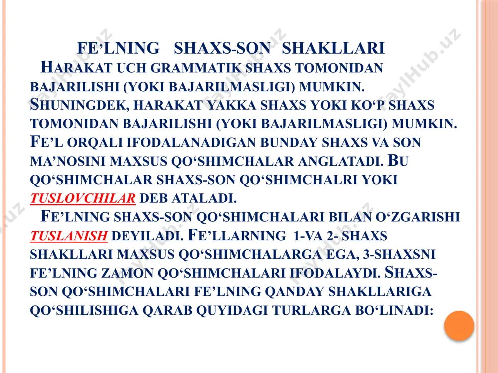 zamon fe’llari ish-harakatning nutq so‘zlanib turgan paytda bajarilayotgan yoki bajarilmayotganini bildiradi, shaxs-son qo‘shimchalari zamon qo‘shimchalaridan keyin qo‘shiladi. hozirgi zamon fe’llari ikki turga ajratiladi: 1) hozirgi zamon davom fe’llari ish-harakatning nutq so‘zlanib turgan paytda aniq davom etib turganini anglatadi: -yap, -moqda, -(a)yotib, -yotir qo‘shimchalari va tuslanish yordamida hosil qilinadi: kelyapti, bormoqda. bu zamon turi yot, tur, o‘tir yur kabi ko‘makchi fe’llari yordamida ham yasaladi: yozib yotibdi, yozib turibdi, o‘qib yuribdi, gaplashib o‘tiribdi. eslatma: -yotir, -yotib shakllari unli bilan tugagan fe’l asoslariga; -ayotir, -ayotib shakllari esa undosh bilan tugagan fe’l asoslariga qo‘shiladi. -yap shakli undosh bilan tugagan fe’l asoslarga qo‘shilib, -ayap tarzida talaffuz qilinsa ham, -yap yoziladi; 2) hozirgi-kelasi zamon fe’llari nutq so‘zlanib turgan paytda va undan keyin bo‘ladigan doimiy harakatni anglatadi; -a yoki -y qo‘shimchalari va tuslanish orqali hosil qilinadi: kelasan, o‘qiyman. kelasi zamon fe’llari ish-harakatning nutq so‘zlanib turgan paytdan keyin bajarilish yoki bajarilmasligini anglatadi. kelasi zamon fe’llari ikki turga bo‘linadi: …