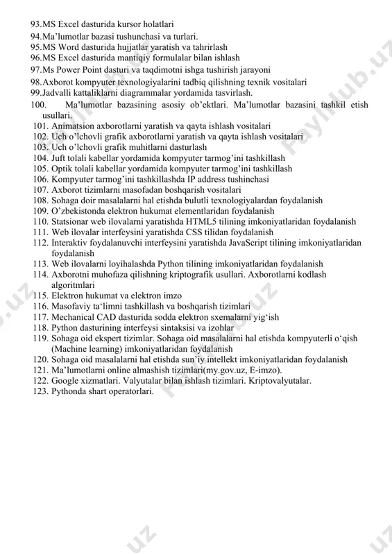 uriy ta`minot tushunchasi va turlari. 75. ms excel dasturida kursor holatlari 76. ma’lumotlar bazasi tushunchasi va turlari. 77. ms word dasturida hujjatlar yaratish va tahrirlash 78. ms excel dasturida mantiqiy formulalar bilan ishlash 79. axborotga ishlov berish texnologiyalari 80. axborot kompyuter texnologiyalarini tadbiq qilishning texnik vositalari 81. jadvalli kattaliklarni diagrammalar yordamida tasvirlash. 82. sohaga oid jadval ma’lumotlarini guruhlash, tartiblash, saralash, filtrlash. 83. tizimli dasturiy ta`minot 84. ms word dasturida jadvallar yaratish 85. ma’lumotlar bazasini boshqarish tizimlari (mbbt) va ularni funksional imkoniyatlari. 86. amaliy dasturiy ta`minot 87. ms word dasturi interfeysi 88. ms excel dasturida mantiqiy formulalar bilan ishlash 89. ms excelda 10 ta sonning o’rtacha qiymatini topib bering. 90. ma’lumotlarni strukturalash va ma’lumotlar modellari. 91. ms excelda 10 ta sonning kattasini topib bering. 92. dasturiy ta`minot tushunchasi va turlari. 93. ms excel dasturida kursor holatlari 94. ma’lumotlar bazasi tushunchasi va turlari. 95. ms word dasturida hujjatlar yaratish va tahrirlash 96. …