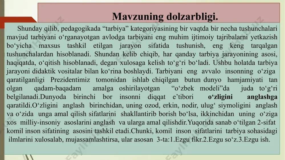 atlarini tartibga solish odati, ko‘nikmasi hosil bolsagina m a’naviy-axloqiy tarbiyani to'la amalga oshirish mumkin. o‘z-o‘zini tarbiyalash talabada hosil bo‘lgan ma’naviy kamolotning natijasidir.o‘z-o‘zini tarbiyalash talaba ongining o‘sishi, faolligi, ijodkorligi, irodasining yuksak darajada chiniqqanligi natijasida amalga oshiriladi. 1.o‘z - o‘zini tarbiyalash haqida tushuncha. vijdon, mas’uliyat hissi o‘sgan bolishi, ijtimoiy burchni yuksak darajada anglash kabilar kishini o‘z-o‘zini takomillantirishga undovchi kuch hisoblanadi.jahon xalqlari tajribasida mashhur pedagoglar tarbiya sohasida erishgan yutuqlarining muhim omillaridan biri -ular tarbiyalanuvchilarning faolligi va mustaqilligini oshirib, yoshlarning o‘z-o‘zini tarbiyalashi masalasini oqilona uyushtira bilganligidadir. o‘z - o‘zini tarbiyalash haqida tushuncha. o‘z-o‘zini tarbiyalash uchun kishi o‘ziga nisbatan talabchan bo‘lishi, o‘zining kuch va qobiliyatiga ishonishi lozim.o‘z-o‘zini tarbiyalash uchun yigit va qizlar o‘zining jamiyatda tutgan o‘rni va burchini yaxshi tushunib olgan bo‘lishi kerak.o‘z-o‘zini tarbiyalash natijasida kishida tashqi tarbiyaviy ta’sirlarga ongli munosabat hosil bo‘ladi va o‘z-o‘zini tarbiyalashning xususiyatiga bog‘liq ravishda tarbiyaviy ta’sirni kuchaytirishi yoki kamaytirishi mumkin.ikkinchi tomondan, talabaning o‘z-o‘zining tarbiyalashi muxitning va oliy o‘quv yurtidagi mavjud …