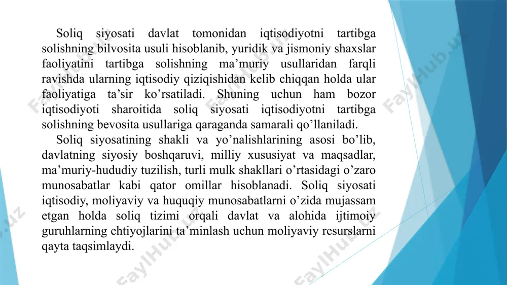 dni qayta taqsimlaydi va tengsizlikni bartaraf qilishni ta’minlashga qaratilgan. хalqaro maqsadi boshqa mamlakatlar bilan iqtisodiy aloqlarni mustahkamlash uchun davlatning xalqaro majburiyatlarini bajarishga xizmat qiladi. iqtisodiy ijtimoiy fiskal хalqaro soliq siyosatining maqsadlari 2. o’zbekiston respublikasi soliq siyosatining huquqiy asoslari, xususiyatlari va yo’nalishlari soliq siyosatining samarasi ko’p jihatdan uni huquqiy bazasining mustahkamligi bilan ifodalanadi. shuning uchun ham soliq siyosatiga soliq qonunchiligi orqali shakl beriladi. o’zbekiston respublikasi soliq siyosatining huquqiy asoslari sifatida mustaqillikning dastlabki yillarida o’zbekiston respublikasining 1991 yil 31 avgustdagi «o’zbekiston respublikasining davlat mustaqilligi to’g’risida» gi qonuni, o’zbekiston respublikasining konstitutsiyasi, o’zbekiston respublikasi prezidentining farmonlari, o’zbekiston respublikasi vazirlar kengashi va vazirlar mahkamasining qarorlari kabi me’yoriy hujjatlardan iborat bo’lgan bo’lsa, 1997 yilda qabul qilingan o’zbekiston respublikasining soliq kodeksi va o’zbekiston respublikasining «davlat soliq xizmati to’g’risida»gi qonuni yuqoridagi hujjatlarning ayrimlarini o’z kuchini yo’qotishiga olib kelgan bo’lsa, ayrimlarining huquqiy bazasini kengayishiga, kuchayishiga xizmat qildi. «o’zbekiston respublikasining davlat mustaqilligi to’g’risida» gi qonuniga muvofiq, shu kundan e’tiboran o’zbekiston …