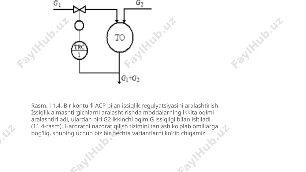 gan tizimlardan foydalanilganda (11.6-rasm, b) dinamik kompensator 2, mikroprotsessorli qurilma asosida, issiqlik balansi tenglamasiga ko'ra, isitish muhitining oqim tezligi va haroratini o'lchash natijalariga ko'ra. issiqlik almashtirgichga kirish, tizimning harorat sozlagichini sozlash uchun tuzatishni hisoblab chiqadi 1. 11.5. rasm . acp nisbati bilan to taraflamasini sozlash 11.6. rasm . kaskad va birlashtirilgan acp bilan to nazorati qobiq va quvurli bug 'suyuqlik issiqlik almashtirgichlarida issiqlik isitiladigan muhit va isitish sovutgichni ajratib turadigan issiqlik almashinuvi yuzasi orqali uzatiladi. to'yingan bug 'halqali bo'shliqqa kiradi va kondensatsiyalanadi, quvurlar yuzasiga issiqlik beradi. issiqlik uzatish tufayli issiqlik quvurlarning ichki yuzasiga o'tadi va quvurlar orqali oqadigan muhitni isitadi. ko'pincha, issiqlik almashinuvchisining chiqishidagi isitiladigan muhitning haroratini nazorat qilish jarayoni bug 'oqim tezligini o'zgartiradigan yopiq bir-loopli acp (11.7-rasmga qarang, a) yordamida amalga oshiriladi. agar bug 'chiziqidagi bosim o'zgarsa, bu nazorat valfi orqali bug' oqimining kiruvchi o'zgarishiga olib keladi. ushbu turdagi buzilishlarni bartaraf etish uchun chiqish joyidagi isitiladigan muhitning haroratini tuzatish …