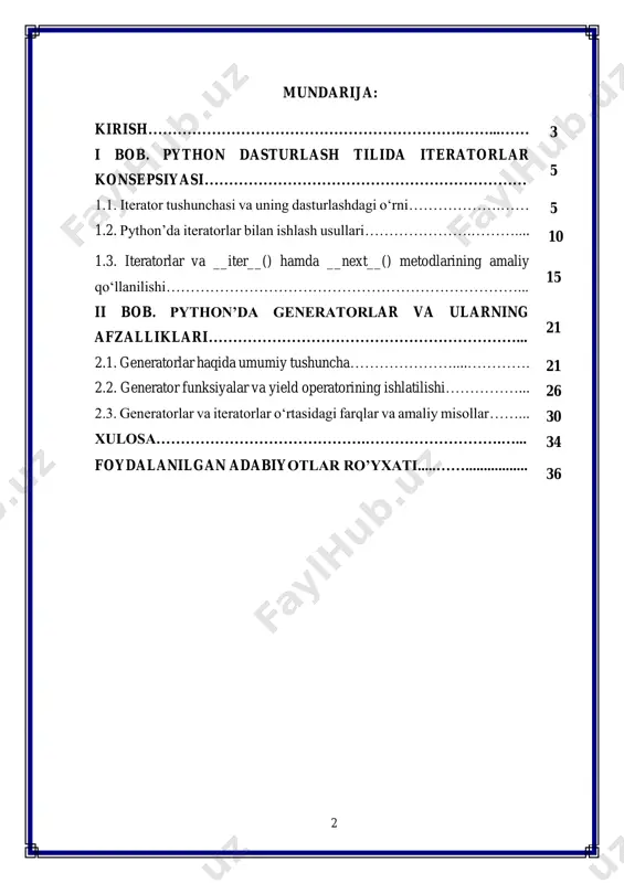 ashda qulaylik yaratadigan vositalaridir. dasturlashda iteratsiya (takrorlash) muhim o‘rin tutadi. aynan shuning uchun ham iteratorlar va generatorlar python dasturlash tilining asosiy elementlaridan biri hisoblanadi. iteratorlar — bu ketma-ket elementlar ustida navbatma-navbat yurish imkonini beruvchi obyektlar bo‘lib, ular ma’lumotlar ustida samarali va boshqariladigan iteratsiyani ta’minlaydi. generatorlar esa iteratorlarning soddalashtirilgan va samarali alternativi bo‘lib, ularni yield kalit so‘zi orqali yaratish mumkin. kurs ishining dolzarbligi - hozirgi kunda texnologiyalar jadal sur’atlar bilan rivojlanib borayotgan bir paytda, dasturlashga bo‘lgan ehtiyoj ham ortib bormoqda. axborot texnologiyalari nafaqat sanoat, balki ta’lim, tibbiyot, moliya, ijtimoiy tarmoqlar va kundalik hayotimizning deyarli barcha jabhalariga kirib borgan. ayniqsa, python dasturlash tili bugungi kunda eng ommabop va ko‘p sohalarda qo‘llaniladigan dasturlash tillaridan biri hisoblanadi. uning sintaksisi soddaligi, kuchli kutubxona bazasi va moslashuvchanligi uni turli darajadagi dasturchilar uchun eng qulay vositaga aylantirgan. python tilida takrorlanadigan (iteratsion) jarayonlar bilan ishlash juda muhim hisoblanadi, chunki katta hajmdagi ma’lumotlar ustida ishlashda samaradorlik va resurslar tejami …