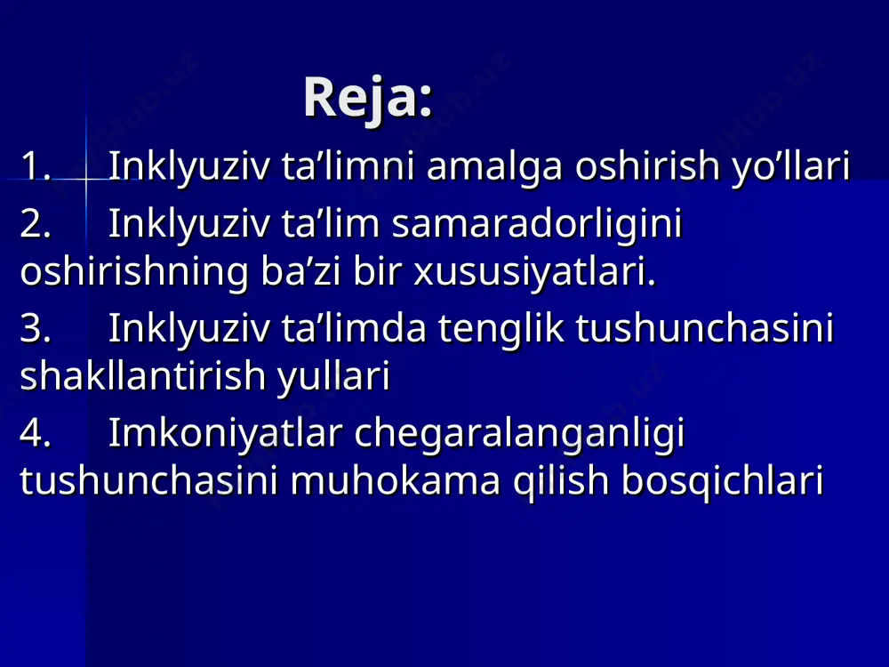 ir. o’quvchilar bilan turli xildagi anketalar va psixologik testlar o’tkazishda bolaning irqiga, ijtimoiy kelib chiqishga jinsi va nogironlikka oid savollarni bermaslik ayni muddao. o’quvchilar ishlarini va ularning yutuqlarini barcha soxalarida maktab va maktabdan tashqari ishlarda namoyish qilib borish kerak. darslarga materiallar tayyorlashda imkoniyati cheklangan bolaning ijod namunalarini ham qo’llash juda katta samara beradi. kitob, plakatlar va dasturlarni qo’llayotib, shunga ishonch hosil qilish kerakki, ular inklyuziv ta’limga mos kelishi kerak. maktablar oshkoralik tamoyiliga amal qilinishi, o’quvchilar, ota-onalar va pedagoglar o’zaro yaqindan muloqat qila olishi muhimdir. inklyuziv ta’limni amalga oshirish yo’llari yuqorida keltirib o’tilganlarni tavsilarni maktab hayotiga joriy etish uchun o’qituvchilar o’quvchilar bilan har kuni ularni qiziqtiruvchi, ular uchun ahamiyatli yoki xavotirga soluvchi, tahlikaga tushiruvchi sabablar, mavzular haqida suhbatlashish imkoniyatini topish zarur. bu jarayon barcha o’quvchilarning jumladan, imkoniyati cheklangan bolaning ham ichki dunyosini o’rganish, muammolarini anglash imkonini beradi. agar alohida ehtiyojli o’quvchi o’z ichki kechinmalari haqida gapira olmasa, unda uyalish, hadiksirash hissi …
