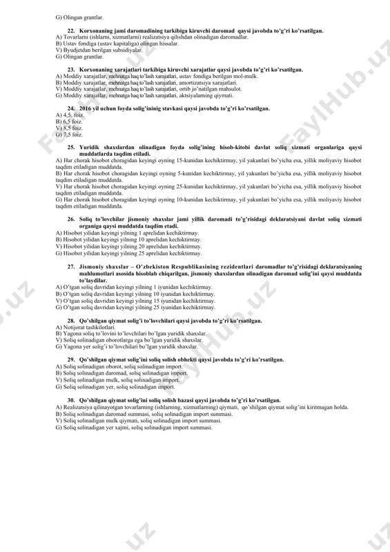 bilan shug’ullanuvchi jismoniy shaxslar. b) nafaqa oluvchi jismoniy shaxslar. v) ikki va undan ortiq yerda ishlovchi jismoniy shaxslar. g) soliq solinadigan daromadga ega bo’lgan jismoniy shaxslar. 10. xususiy korxona 2016 yilda 148210,0 ming so’mlik aktsizlanadigan tovar realizatsiya qilgan (kushilgan kiymat solig’i bilan). aktsiz solig’i stavkasi 29%. berilganlarga asosan korxonaga aktsiz solig’ini xisoblang. a) 27762,4 b) 27765,4 v) 27767,4 g) 27768,4 11. jismoniy shaxslarning jami daromadi qaysi javobda to’g’ri ko’rsatilgan. a) mehnatga haq to’lash tarzidagi daromadlar, mulkiy daromadlar, moddiy naf tarzidagi daromadlar, maxsus kiyim-bosh. b) mehnatga haq to’lash tarzidagi daromadlar, mulkiy daromadlar, moddiy naf tarzidagi daromadlar, xizmat safarlari xarajatlari. v) mehnatga haq to’lash tarzidagi daromadlar, mulkiy daromadlar, moddiy naf tarzidagi daromadlar, boshqa daromadlar. g) mehnatga haq to’lash tarzidagi daromadlar, mulkiy daromadlar, moddiy naf tarzidagi daromadlar, mudofaa vazirligi hisobvarag’iga muqobil xizmat shartnomasi bo’yicha o’tkaziladigan mablag’lar. 12. jismoniy shaxslarning soliq solinmaydigan daromadlari qaysi javobda to’g’ri ko’rsatilgan. a) ish haqi ko’rinishidagi daromadlar. b) olingan …