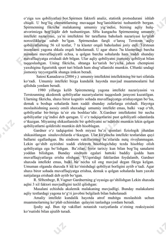h jarayoni bilan bog‘lash mumkin. kreativlik insonda mavjud ma’lumotlarni qayta ishlab chiqarish va ularning cheksiz yangi modelini yaratishga javob beradi. intellekt esa o‘sha ma’lumotni real amaliyotda qo‘llashga va atrof muhitga moslashishga javob beradi. uchinichi nuqtai nazar egalari intellekt va kreativlik o‘zaro uzviy bog‘langan ikki xil faktordeb qarashadi. shaxsni orientirlashtirgan bu psixologiya vakillari a.maslau va boshqalar ijodiy qobiliyatni tan olishmagan. ijodiy faollik shaxsda qobiliyatga qaraganda, ba’zi shaxsiy xususiyatlarni (qiziqish, tavakkalchilik ) shakllantiradi. lekin bu faollikning namoyon bo‘lishi uchun shaxsda yuqori darajadagi intellektual qobiliyat mavjud bo‘lishi kerak . ularning fikricha, quyi intellektga ega bo‘lgan kishi hech qanday kreativlikka ega bo‘lmaydi. o‘rta intellekt sohiblari o‘rtacha kreativlik, iq koeffitsenti 120 dan ortiq bo‘lgan kishilar a’lo darajadagi kreativlikka ega bo‘lishishadi. evolyusiya nuqtai nazaridan intellekt va kreativlikning o‘zaro bog‘liqligini tahlil qilib ko‘raylik. intellektni go‘yo qolipga solingan, buyuk kashfiyotlarni yaratmaydigan moslashuvchi qobiliyat sifatida ko‘ramiz. intellektga faqat qaytarish xosdir. psixologlarning fikricha bu g‘oya noto‘ridir . sababi evolyusion rivojlanish …