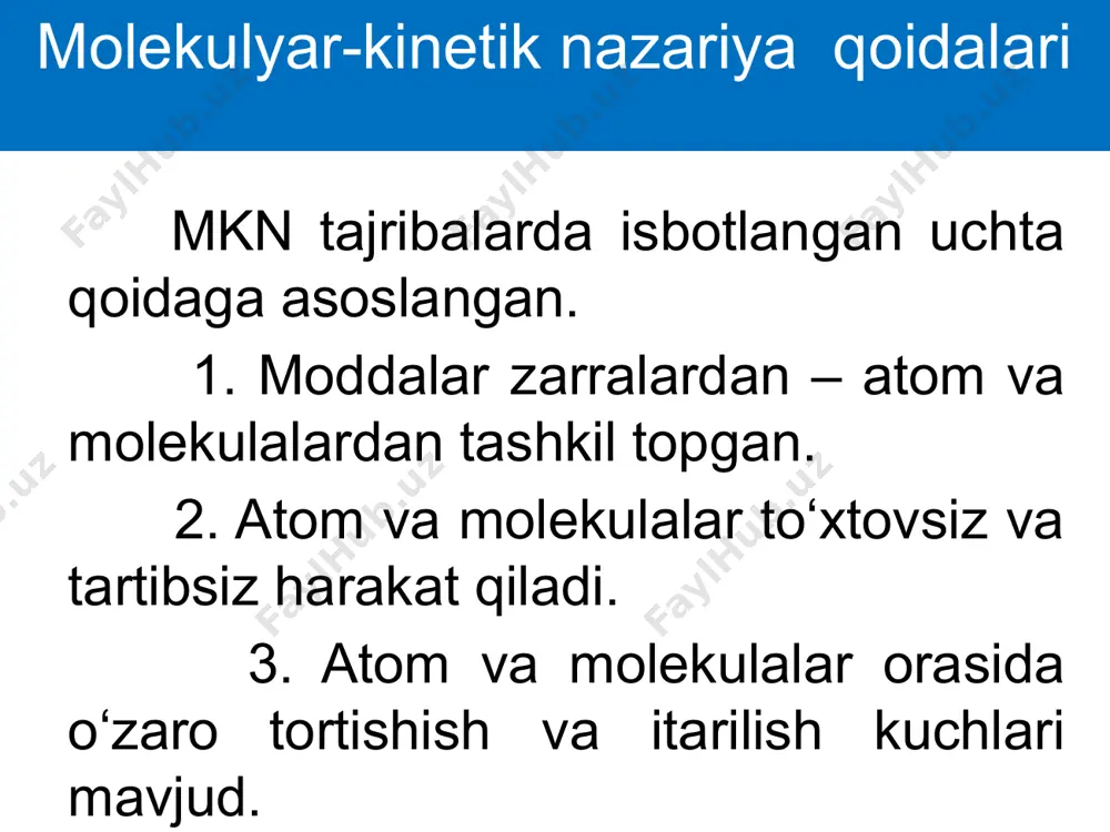 doimiysi ning ko‘paytmasiga universal (molyar) gaz doimiysi deb atash qabul qilingan. = 1,38∙ ∙ 6,02∙ =8,31 r 8,31 ingliz fizigi j.maksvell 1859- yilda nazariy yo‘l bilan gaz molekulalari turli tezliklar bilan harakatlanishini, ya’ni molekulalarning tezliklar bo‘yicha taqsimotini aniqladi. shtern tajribasi gaz molekulalarining tezligini 1920-yilda nemis fizigi otto shtern aniqlagan. shtern tajribalarining natijalari shtern tajribasidan quyidagi natijalar kelib chiqadi: 1. atomlar har xil tezlikda harakatlanadi; 2. juda tez harakat qiladigan va juda sekin harakat qiladigan atomlar ozchilikni tashkil qiladi. shtern tajribasi ideal gaz molekulyar-kinetik nazariyasining hamda maksvellning gaz molekulalari tezliklari bo‘yicha taqsimoti haqidagi ta’limotining to‘g‘riligini tasdiqladi. ideal gazning holat tenglamasi ma’lum massali ideal gazning termodinamik holati uning uchta makroskopik parametrlari, ya’ni bosimi p, hajmi v va temperaturasi t orqali tavsiflanadi. gaz bir holatdan ikkinchi holatga o‘tganida uning holatini tavsiflovchi (p, v, t) parametrlarning uchchalasi ham bir vaqtda o‘zgarishi mumkin. gazning holat parametrlari (p, v, t)ning o‘zaro qanday bog‘langanligini ifodalovchi tenglama ideal …