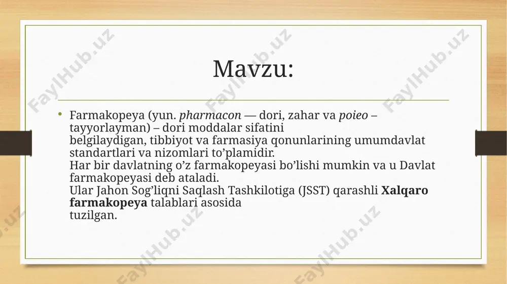talar bilan bolalar orasidagi chegaraviy yosh, vbola – bolaning vazni, 70 – kattalarning o’rtacha vazni. resepturada og’irlik o’lchov birligi sifatida 1 gramm qabul qilingan, ya’ni 1 sm3 distillangan suvning 4°c haroratdagi o’g’irligi. dori moddalarini dozalashda bir grammdan kichik miqdorlardan foydalanishga to’g’ri keladi. reseptda gramm va uning ulushlari quyidagicha yoziladi: 1,0 1 gramm 1 g 0,1 1 desigramm 1 dg 0,01 1 santigramm 1 sg 0,001 1 milligramm 1 mg 0,0001 1 desimilligramm 1 dmg 0,00001 1 santimilligramm 1 smg 0,000001 1 mikrogramm yoki gamma 1 mkg hajm o’lchovi birligi sifatida 1 litr qabul qilingan. bu 1000 kub santimetr kimyoviy toza suvning odatdagi atmosfera bosimida (760 mm simob ustuni) va 4°c haroratdagi eng yuqori miqdori. 1000 ml 1 litr 1 l 100 ml 1 desilitr 1 dl 10 ml 1 santilitr 1 sl 1 ml 1 millilitr 1 ml resept va uning tuzilishi resept – bu shifokorning farmasevtga ma’lum shakl, doza, …