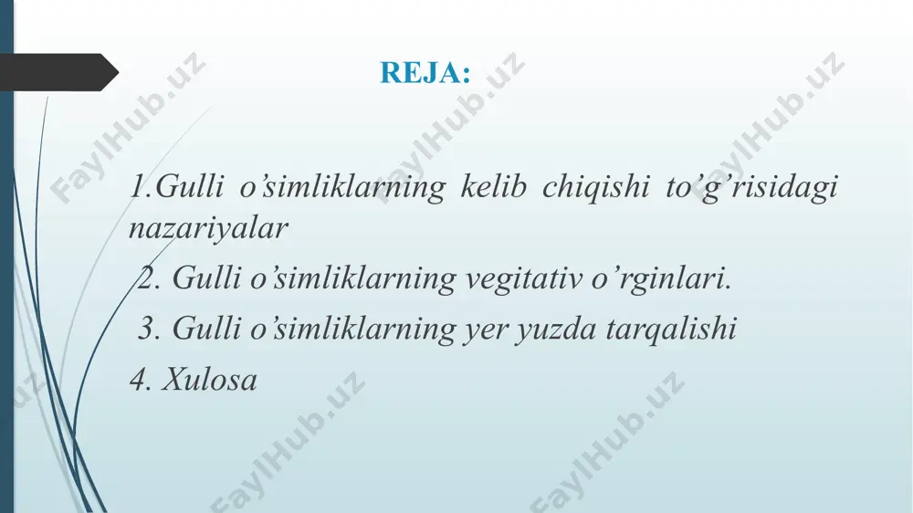 losa o'simliklar dunyosida gulli o'simliklar aloxida o'rin egallaydi. ular butun o'simliklar dunyosining yarmidan ko'progini o'z ichiga oladi. gulli o'simliklar yer sharining deyarli hamma zonalarida uchraydi. ularni cho'ldan yaylovlargacha bo'lgan joylarda uchratish mumkin. gulli o'simliklarning evolyusiyasida oddiydan murakkabga qarab yo'nalishni kuzatish mumkin. devon va toshkumir davrida qirqbugimlar, plaunlar va qirqqo'loqlar (paporotniklar) keng tarqalgan va sporali o'simliklar, o'simliklar dunyosida xukmronlik kilgan. dastlabki urug'li o'simliklar esa devon davrining oxirlarida paydo bo'lib, mezozoy erasida keng tarqalgan. mezozoy erasining oxirlari va bur davrining boshlarida yopik urug'li o'simliklar vujudga kelib, keyinchalik ular yer sharidagi asosiy xukmron o'simlikka aylangan. umuman yopik urug'li o'simliklarning yoshi taxminan 120-130 mln yilgan to'g'ri keladi. yopik urug'li o'simliklarning yer sharida qisqa vaqtda, quruqlikda keng tarqalishiga baxo berib, m.i.golenkin «gulli o'simliklar yashash uchun ko'rash goliblaridir» deb ta'rif bergan edi. image1.png image2.jpeg image3.jpeg image4.jpeg image5.jpeg image6.jpeg image7.jpeg image8.jpeg