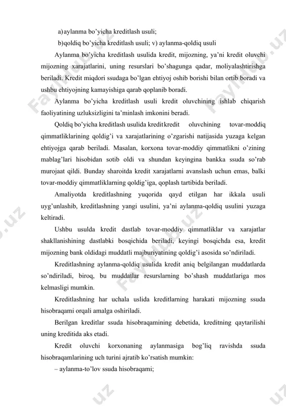 oldiq ssuda hisobrami ham barcha to’lovlarni amalga oshirish imkonini beradi. ammo qoldiq-kompensatsion ssuda hisobraqami bo’yicha to’lovlarni amalga oshirish uchun mijozning kreditlash ob’ekti qancha bo’lsa, shuncha qoldiq-kompensatsion ssuda hisobraqami ochish kerak. kreditlashning overdraft shakli ingliz tilida so’zlashuvchi mamlakatlarda (angliya, shotlandiya. irlandiya, uels, kanada) yaxshi rivojlangan. overdraft krediti doimiy pul tushumiga ega bo’lgan ishonchli mijozlarga beriladi va ular faoliyatida yuzaga keladigan qisqa muddatli pul mablag’lari etishmovchiligiga barham berish maqsadida beriladi. overdraft krediti mijozning joriy hisobraqamini debetli qoldig’i summasiga beriladi. tijorat banki va mijoz o’rtasida tuzilgan kredit shartnomasiga ko’ra, mijozga bank tomonidan kreditlash limiti ajratiladi. mijozning joriy hisobraqamida pul mablag’larining etishmaslik holati yuzaga kelganda, ya’ni debetli qoldiq hosil bo’lganda, bank ajratilgan limit doirasida overdraft krediti ajratadi. overdraft kreditida ssuda hisobraqami ochilmaydi. kompyuter dasturi berilgan overdraft kreditini mijozlar toifasi bo’yicha avtomatik ravishda hisobga oladi. overdraft krediti mijozning joriy hisobraqamiga pul kelib tushishi bilan avtomatik ravishda qoplanadi. overdraft kreditining foiz stavkasi muddatli kreditlarning foiz stavkasidan …