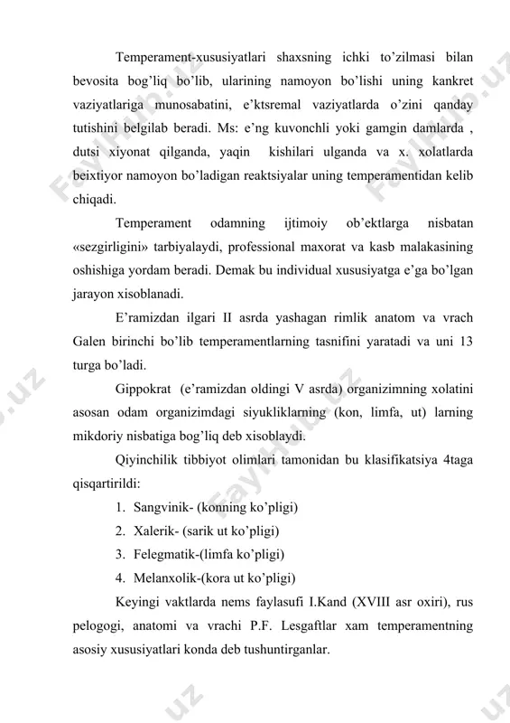 o’zaro almashinish jarayoning tezligi va xarakatchanligi kurinishida aks e’tadi. asab sitsemasining turlari. muvozanat- lashgan muvozanatsiz inert kuchsiz sangvinik xolerik flegmatik melonxolik · jonli, tinmaydi. · ko’pgapiradi · o’zgaruvchan (rangi) · tez yuradi. · tez gapiradi. · kizikuvchan, ammo u turgun e’mas. · kayfiyati yukori. · tez yig’laydi va qo’ladi, oson kechadi. · yangi muxitga tez kunikadi. · tez topishadi. - aktiv(faol shaxs). · jushkin · vokiyaga xayajon bilan kizikadi. · savollarga yo’llamasdan javob beradi. · jaxli oson jikadi · gapni bilmasdan e’shitadi. · topshirikni kund bilan bajaradi. · birovlar bilan olishishni yaxshi ko’radi. · kattik va tez gapiradi. · tez, katta yozadi, va bir teks e’mas. · kizikishi barkaror. · qiyinchilikdan kurkmaydi. · shoshilmaydi. · xotirjam. · bilsa xam sekin javob beradi. · charchamaydi. · kushimcha ishdan kochmaydi. · bir maromda gapiradi, tutilib kolishdan kurkmaydi. - xayojanlanmaydi · xayratlanmaydi · matematikaga kizikadi. · kattik xursand xam bexalovat xam bo’lmaydi. · …