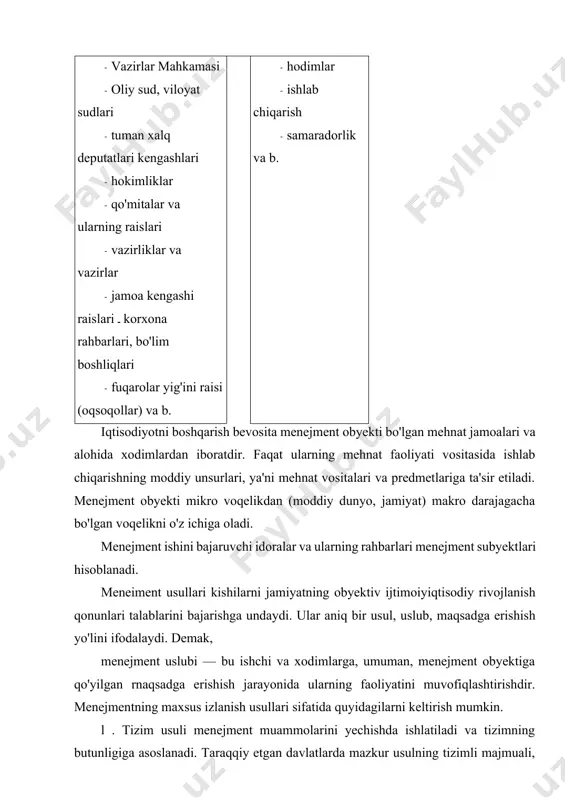 orat. 4. vaziyatli yondashish bu menejment faoliyatining maqbul usullarini ichki va tashqi sharoitga qarab be]gilash. 5. integratsion yondashish — bu izlanish usuli boshqa usullar ko'rsatkichlarini hisobga olish asosida boshqarishni tadqiq etish hisoblanadi. 6. modellashtirish boshqariluvchi obyektni turli sxema, grafik va chizmalar, xomaki materiallar tayyorlash yordamida boshqarish usuli. 7. matematik yondashuv — optimal qaror qabul qilish maqsadida matematik uslublar va kompyuterlar keng miqyosda qo'llanadi. 8. kuzatish usuli — bu menejment obyekti to'g'risidagi ma 'lumotni rejali, ilmiy, uyushtirilgan asosda to'plash usuli. 9. eksperiment usuli — menejment asosida boshqariluvchi obyektga nisbatan namunaviy, tajribadan o'tgan usullarni qo'llash. undan tashqari, menejmentning eng asosiy bilish uslubi dialektik uslub bo'lib, u menejmentga o'rganilayotgan ijtimoiy hodisalarning mohiyatini ochishda yordam beradi. menejment usullarini ta'sir etishning o'ziga xos xususiyatlariga ko'ra: ma'muriy-tashkiliy, iqtisodiy, ijtimoiy-psixologik va huquqiy shakllarga ajratish murnkin. menejment mahorati uning barcha uslublarini egallash, ularni to'g'ri baholab qo'llash, har bir aniq vaziyatda eng samaralisini topish qobiliyatiga ega bo'lishdan iboratdir. 3. …