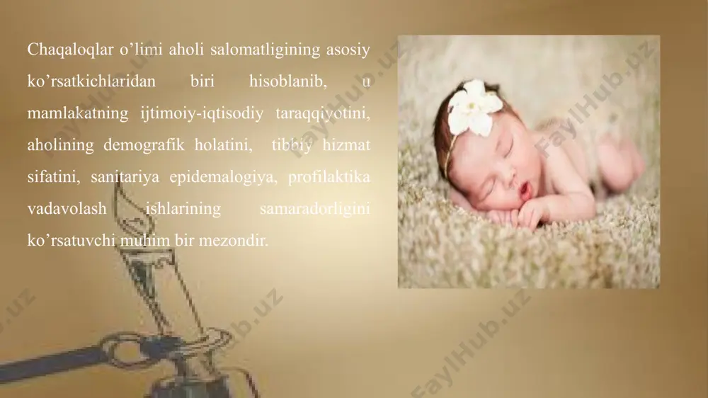 vrda o’lgan chaqaloqlar soni; t – tirik tug’ilganlar soni; y – 0-27 kunlik davrda o’lgan bolalar soni. endogen omillar bilan ko’proq bog’langan ya’ni, ona salomatligi va homiladorligi davridagi hayot tarsi bilanbelgilanuvchi neonantal o’limdan farqli ravishda, postneonatal davrda bola salomatligiga tashqi omillarning ta’siri ortib boradi. bular jumlasiga bola parvarish qilish, ovqatlanish, pediatr hizmatining sifati va boshqalarni kiritish mumkin. chaqaloqlar o’limini hisoblash uchun alohida ko’rsatkichlardan foydalaniladi. ular qatoriga chaqaloqlar olimining umumiy koeffisenti kirib, quyidagicha hisiblanadi: bu yerda: m-joriy yilda o’lgan chaqaloqlar soni; n-joriy yilda tirik tug’ilganlar go’daklar soni. masalan: bir yilda tuman bo’yicha tirik tug’ilgan bolalar soni 1150 nafarni, bir yoshgacha o’lgan bolalar soni 42 nafarni tashkil qilgan bo’lsin. ushbu usulni 2 yil oralig’i (o’tgan va joriy yillar) tirik tug’ilgan chaqaloqlar soni o’rtacha bir hil bo’lganda qo’llash tavsiya etiladi. yil davomida 1 yoshgacha o’lgan chaqaloqlar soni orasida joriy yilda tug’ilgan bolalar bilan bir qatorda o’tgan yilda tug’ilgan bolalar ham bo’lishi mumkin. shuning …