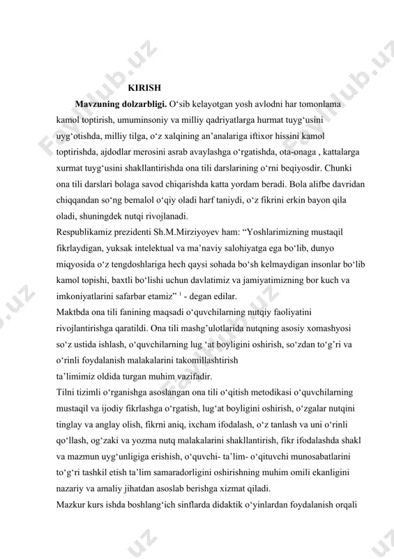 mova, y.abdullayev, q.abdullayeva,a.g’ulomov, o.oxunboboev, u.masharipovalar ilmiy izlanishlar olib borganlar. shuningdek, matbuotda bir qancha metodist va o‘qituvchilarning maqolalari e’lon qilingan. jumladan, profеssor q.abdullayеva, k.qosimova, o.safarov, s.matchonov, b.maqulova, t.adashboyеv, е.abduvalitov, sh.yo‘ldoshova, d.shodmonqulova, x.g’ulomova, b.pardayev, x.sattorovalarning o‘quv va mеtodik qo‘llanmalari, maqolalari nashr etilgan. qo‘shimcha sifatida shuni aytib o‘tish joizki, hozirda boshlangʻich sinf o‘qituvchilari uchun ona tili fanidan u.a.masharipova, u.m.axmadovna, s.t.maxmayev, n.a.a’zamova kabi mualliflar tomonidan (o‘zbek, rus, qozoq) tillarida multimediali dars ishlanmalar majmuasi ishlab chiqilgan. masalan, o‘quv reja bo‘yicha 2-sinf “ona tili” faniga 136 soat dars ajratilgan bo‘lib, metodik qo‘llanmada 28 ta dars uchun multimediali ilovalar orqali o‘qitishning o‘yinli shakllari va ilgʻor axborot texnologiyalaridan foydalanilgan dars ishlanmalar berilgan. darslikning multimediali ilovasini 21 ta animatsiya, 7 ta lugʻat ishi, 38 ta interfaol mashq-o‘yin, 5 ta video, 4 ta audio(she’r) va bo‘limlar yuzasidan 5 ta test topshiriqlari tashkil etadi. umumiy o‘rta ta’limning davlat standartlari va o‘quv dasturiga ko‘ra boshlang’ich sinf ona tili darslarida fonetik mashqlarni o‘rganib …