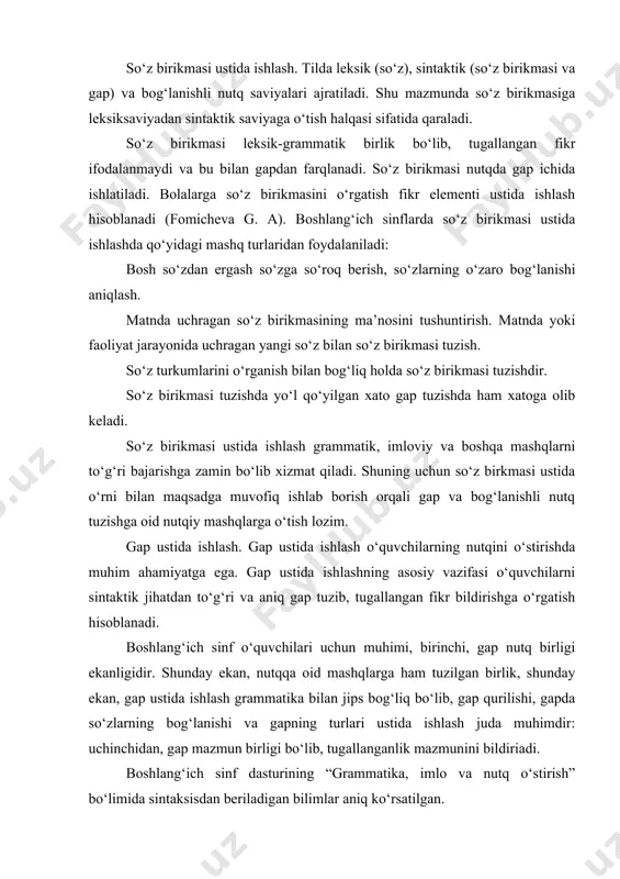 turlari ustida ishlash juda muhimdir: uchinchidan, gap mazmun birligi bo‘lib, tugallanganlik mazmunini bildiriadi. boshlang‘ich sinf dasturining “grammatika, imlo va nutq o‘stirish” bo‘limida sintaksisdan beriladigan bilimlar aniq ko‘rsatilgan. analiq yoki sintezning ustunligiga nisbatan gap ustida ishlash mashqlari ikkiga bo‘linadi: 1)analitik mashqlar, ya’ni tuzilgan tayyor matndan olingan gapni tahlil qilish; 2)sintetik mashqlar, ya’ni mustaqil gap tuzishga qaratilgan mashqlar. analitik mashqlar sintetik mashqlarga zamin bo‘lib xizmat qiladi, ular parallel yoki sintetik mashqdan so‘ng analitik mashq o‘tkaziladi. o‘quvchilarning mustaqilligi va bilish faoliyatining aktivligi darajasiga ko‘ra gap ustida ishlash mashqlari uchga bo‘linadi: 1)namuna asosida mashqlar; 2)konstruktiv mashqlar; 3)ijodiy mashqlar. namuna asosidagi mashq aniq, to‘g‘ri tuzilgan sintaktik konstruktsiyalarni amaliy o‘zlashtirishni, ularning ichki bog‘lanishini, mazmunini tushunishni ko‘zda tutadi. bunday mashqlar ichida analitik mashqlarga shuningdek, gapni kuzatish va eshitish, uni o‘qishga muhim o‘rin beriladi. namuna asosidaga mashqlarga quyidagilar kiradi: 1.gap ustida ishlashning eng oddiy, boshlang‘ich, shu bilan birga, eng zaruriy shakli namunani o‘qish (yozish), intonatsiyasi, ifodaliligi ustidav ishlash, …