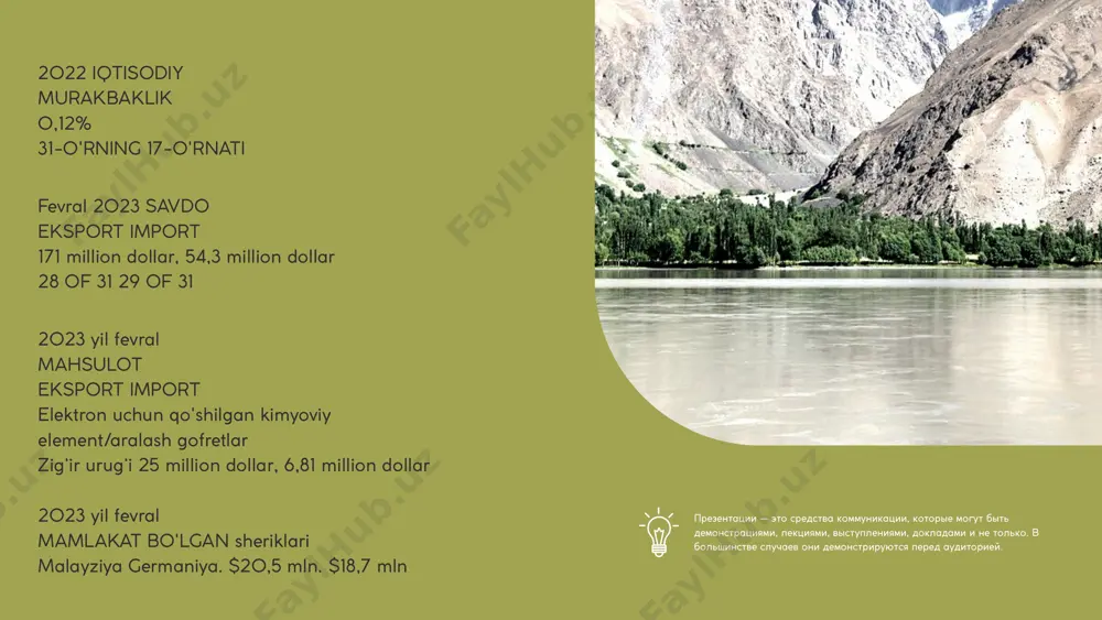 tuzlari (1,14), antibiotiklar (0,96) va magniydir. 0,91). pci mahsulotning bilim intensivligini uning eksportchilarining bilim intensivligini hisobga olgan holda o'lchaydi. umumiy ko'rsat 2023 yil fevral oyida ningxia hui avtonom viloyati 171 million dollar eksport qildi va 54,3 million dollar import qildi, natijada ijobiy savdo balansi 117 million dollarni tashkil etdi. 2022-yil fevralidan 2023-yilning fevraligacha ningxia hui avtonom viloyatining eksporti 4,46 million dollarga (2,68 foizga) 166 million dollardan 171 million dollarga oshdi, import esa 66,9 million dollardan 54,3 million dollarga (-18,9 foiz) kamaydi. savdo 2023-yil fevral oyida ningxia hui avtonom viloyatining asosiy eksporti elektronika uchun diskli kimyoviy moddalar (25 million dollar), marganets (15,3 million dollar), nitril birikmalari (12,7 million dollar), kislorodli aminokislotalar (11,6 million dollar) va antibiotiklar (10 million dollar) edi. 2023 yil fevral oyida ningxia hui avtonom viloyatining asosiy importi zig'ir (6,81 million dollar), vodorod (4,23 million dollar), elektr motorlari (4,04 million dollar), kvarts (3,56 million dollar) va boshqa isitish uskunalari …