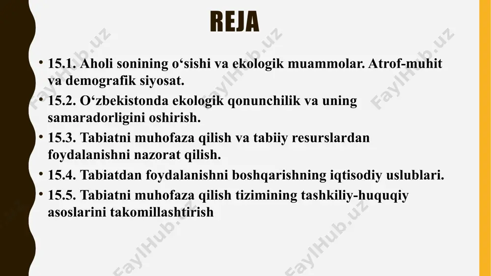 munosabatlari keskinlasha boshlagan. asosiy mineral xom-ashyo resurslarining yetishmovchiligi, isrofgarchilik bilan o’zlashtirilishi noxush ijtimoiy-siyosiy va ekologik oqibatlarga sabab bo’lgan. xx asrning ikkinchi yarmiga kelib hayot sharoitlarining yaxshilanishi, fan-texnika inqilobi aholi sonining keskin ortishi-«demografik portlash»ga olib keldi. atrof muhitni muhofaza qilish masalalari konstitutsiyaning 50, 54, 55 va 100-moddalarida berilgan. konstitutsiyaning 50-moddasida «fuqarolar atrof-tabiiy muhitga ehtiyotkorona munosabatda bo’lishga majburdirlar» deb ta’kidlanadi. ushbu talabga ko’ra o’zbekistonning har bir fuqarosi atrof tabiiy muhitni muhofaza qilishi va tabiiy boyliklardan oqilona foydalanish talablariga to’la amal qilishi shartdir. asosiy qonunning 54-moddasiga ko’ra, jamiyatning iqtisodiy negizlaridan biri bo’lgan mulkiy munosabatlar bozor iqtisodiyoti qonuniyatlariga mos ravishda e’tirof etiladi. lekin, mulkdor o’z xohishicha egalik qilishi, foydalanishi va uni tasarruf yetishi hech qachon ekologik muhitga, ya’ni atrof-muhit holatiga zarar yetkazmasligi kerak. konstitutsiyaning 55-moddasiga muvofiq «yer, yer osti boyliklari, suv, o’simlik va hayvonot dunyosi hamda boshqa tabiiy zaxiralar umummilliy boylikdir, ulardan oqilona foydalanish zarur va ular davlat muhofazasidadir». konstitutsiyaning 100-moddasiga binoan ilk bor …