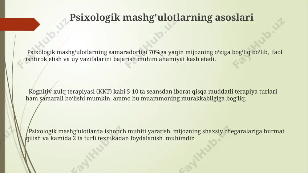 aniq tasavvur qilish yoki mantrani takrorlash, miya faoliyatini optimallashtirishga yordam beradi. konsentratsiya 5-15 daqiqadan ortiq davom etganda samaradorligi pasayishi mumkin, shuning uchun muntazam qisqa tanaffuslar zarur, masalan, pomodoro texnikasidan foydalanish tavsiya etiladi. muloqot va ijtimoiy ko'nikmalar muloqot ko'nikmalarini rivojlantirishda 5 bosqichli model samaradorligini 30% ga oshiradi, bu esa ijtimoiy moslashuvchanlikni yaxshilashga yordam beradi. 60% dan ortiq ishtirokchilar ijtimoiy ko'nikmalar mashg'ulotlaridan keyin o'zlarining o'ziga ishonchlarining oshganini va kommunikativ qobiliyatlarining yaxshilanishini ta'kidlaydilar. ijtimoiy ko'nikmalar treiningi o'z-o'zini boshqarish qobiliyatini 20% ga kuchaytiradi, bu esa stressni kamaytirish va muammolarni samarali hal qilishga olib keladi. shaxsiy xususiyatlarni rivojlantirish shaxsiy o'sish strategiyalari, xususan, maqsad qo'yish va orzularni amalga oshirish texnikalari, muvaffaqiyat darajasini 30% ga oshirishi mumkin. o'z-o'zini anglash va metakognitsion jarayonlarni rivojlantirish bo'yicha mashqlar, individual rivojlanishning 20% dan ortig'ini tashkil etadi. shaxsiy xususiyatlarni rivojlantirishda 5-10 ta kalit ko'nikmalarga e'tibor qaratish, masalan, muloqot, muammo yechish va stressni boshqarish, samarali natijalarga olib keladi. psixologik yordam va maslahat kognitiv-xulq …