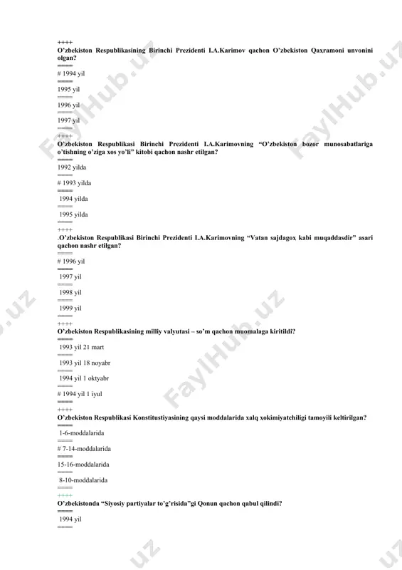a ==== 1992 yil 3 iyulda ==== 1992 yil 18 oktyabrda ==== ++++ o’zbekiston respublikasi birinchi prezidenti i.a. karimovning “ona yurtimiz baxtu iqboli va buyuk kelajagi yo’lida xizmat qilish – eng oliy saodatdir” asari qachon nashr etilgan? ==== 2014 yilda ==== # 2015 yilda ==== 2016 yilda ==== 2017 yilda ==== ++++ o’zbekiston respublikasi prezidenti sh.m.mirziyoevning “buyuk kelajagimizni mard va oliyjanob xalqimiz bilan quramiz” asari qachon nashr etilgan? ==== 2014 yilda ==== 2015 yilda ==== 2016 yilda ==== # 2017 yilda ==== ++++ o’zbekiston respublikasi prezidenti sh.m.mirziyoevning “qonun ustuvorligi va inson ma’nfatlarini ta’minlash – yurt taraqqiyoti va xalq farovonligining garovi” nomli ma’ruzasi...... ==== 2015 yil ==== 2016 yil ==== # 2017 yil ==== 2018 yil ==== ++++ o’zbekiston respublikasi prezidenti sh.m.mirziyoevning “erkin va farovon, demokratik o’zbekiston davlatini birgalikda barpo etamiz” asari qachon nashr etilgan? ==== 2015 yilda ==== 2016 yilda ==== # 2017 yilda ==== 2018 yilda ==== ++++ 1989 …
