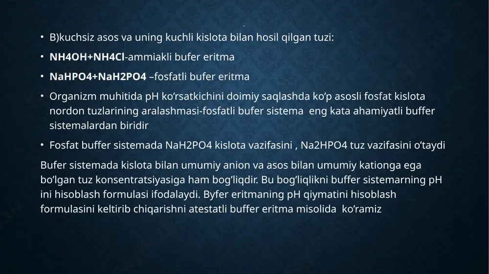 ing ma’lum qiymat chegaralarida saqlay olish qobiliyati kamayganda kislota-asos muvozanati buziladi va natijada atsidoz yoki alkaloz holatlari kuzatiladi. kislota –asos muvozanat qiymatlarining fiziologik ko’rsatkich kattaliklaridan chetlatish turli sabablarga ko’ra kelib chiqishi mumkin . ushbu sabablarni umumlashtirilgan holda 3 turga bo’lish mumkin : 1)o’pkadan co2 ajralib chiqarish jarayoninig buzilishi; 2)metabolizm jarayonlaring o’zgarishi natijasida ko’p miqdorda kislota yoki asos xossali moddalarning hosil bo’lishi; 3)kislota yoki asos xossasiga ega bo;lgan moddlarning buyrak orqali tashqi muhitga chiqarib yuborilishining buzilishi. . respirator yoki nafas atsidozi organizm uchun eng xavfli bo’lgan kislota-asos muvozanatining buzilishiga olib keladi . uning kelib chiqishiga nafas olishning bir daqiqadagi umumiy hajmining kamayishi sabab bo’ladi va qator kasalliklar (bronxit, bronxial bog’ma (astma ), o;pka emfizemasi va atalektaza , mexanik tabiatli asfiksiya , qon aylanishining susayishi va h.) natijasida shakllanadi. bu holat alveolalardagi gaz diffuziyasi bo’lganda ham kelib chiqadi. bunday holatlarni keltirib chiqaradigan kasalliklarga surunkali siffuz intersial fibroz , o’pka sarkoidozi , berillioz, …