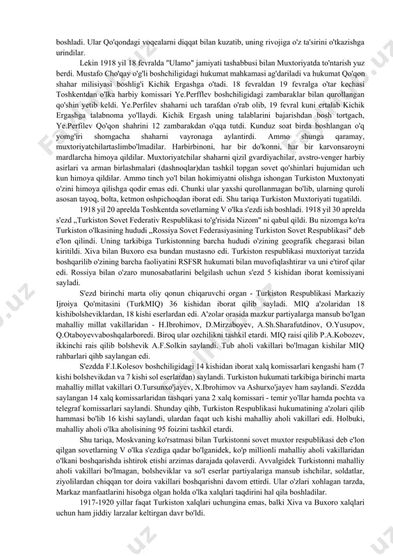 i, hududning xusu-siyatlari, millatlari yo elatlaridan qat'i nazar, rus amaldorlari xohishicha o'zboshimchalik bilan tuzilavergan. podsho hukumati milliy, elat va tarixiy xususiyatlardan kelib chiq-magan holda musamlakachilik nuqtai nazaridan bu masalaga yondashgan. o'lkaning tub viloyatlari hisoblangan sirdaryo, farg'ona, samarqanddan tashqari yettisuv, kaspiyorti viloyatlari ham shu asosda tumanlarga bo'linib idora qilingan. sirdaryo viloyati quyidagi tumanlarga bo'lingan: toshkent, avliyoota, qozoli, perovsk, chimkent, amudaryo tumani ham shu viloyatga bo'ysungan. farg'ona viloyatiga marg'ilon, andijon, qo'qon, namangan, o'sh tumanlari qaragan. samarqandga jizzax, kattaqo'rg'on, xo'jand, samarqand tumanlari; yettisuvga verniy, jarkent, kopal, lepsinek, pishpak, prjevalsk; kaspiyorti viloyatiga ashxobod, krasnovodsk, mang'ishloq, marv va tajan tumanlari kirgan. 1886 yil 12 iyunda rossiya imperatori tomonidan „turkiston o'lkasini boshqarish to'g'risidagi nizom" tasdiqlangandan keyin ham ma'muriy qurilish bo'yicha e'tirozlar davom etdi. ammo imperator turkiston o'lkasida sobiq general-gubernatorlik boshqaruvining asosiy tamoyillarini saqlab qolgan holda unga ba'zi o'zgartirishlar kiritdi, xolos. „turkiston o'lkasini boshqarish to'g'risidagi nizom" bo'yicha turkistonning viloyatlarga bo'linishi aholining etnografik, maishiy va iqtisodiy shart-sharoitlarini o'rganish …